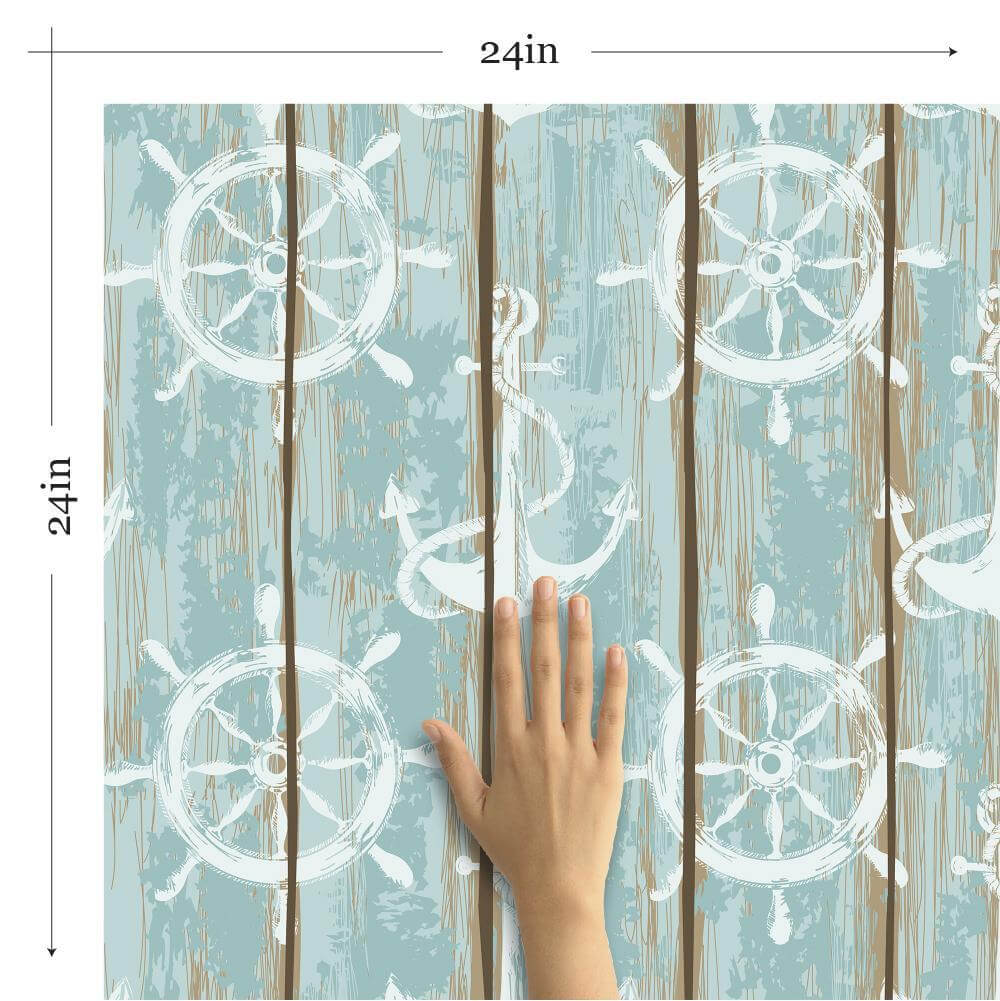 Brown and Teal Faux Nautical Peel and Stick Removable Wallpaper 8829 - Self-Adhesive Decorative Wall Covering for Bedroom, Bathroom, Nursery & Home Office