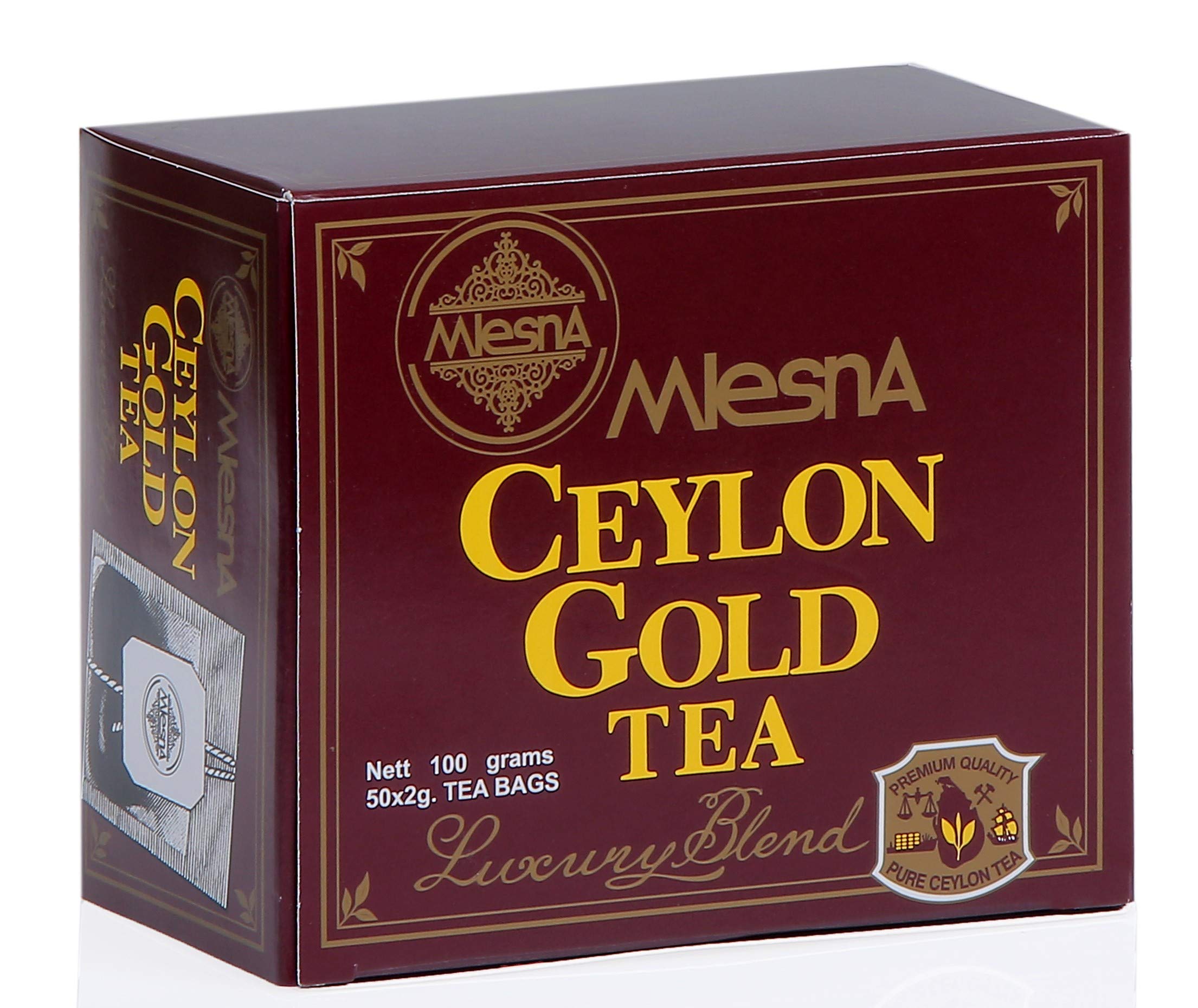Premium Mlesna Pure Ceylon Gold Black Tea Bags - 100g (50 Bags) - Rich & Robust Flavor Similar to English Breakfast Tea - Perfect for Morning Boost, Afternoon Relaxation & Office Use - by Shah Company