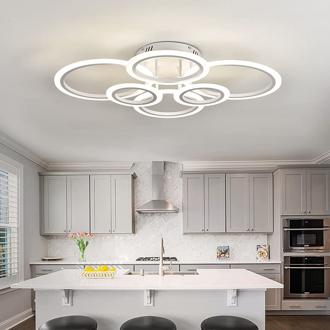 Modern 6-Ring LED Ceiling Light Fixture with Remote Control - Dimmable Flush Mount Lighting for Living Room, Bedroom, Kitchen & Dining Room - Energy Saving Home Decor & Ambient Lighting Solution