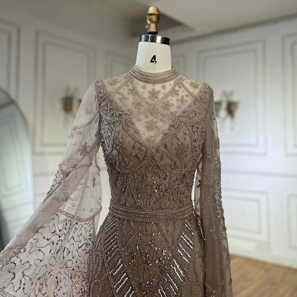 Luxury Dubai Muslim Mermaid Evening Dress with Elegant Bell Sleeves & Beaded Details - Formal Gowns for Weddings, Parties & Special Occasions | LA72316A