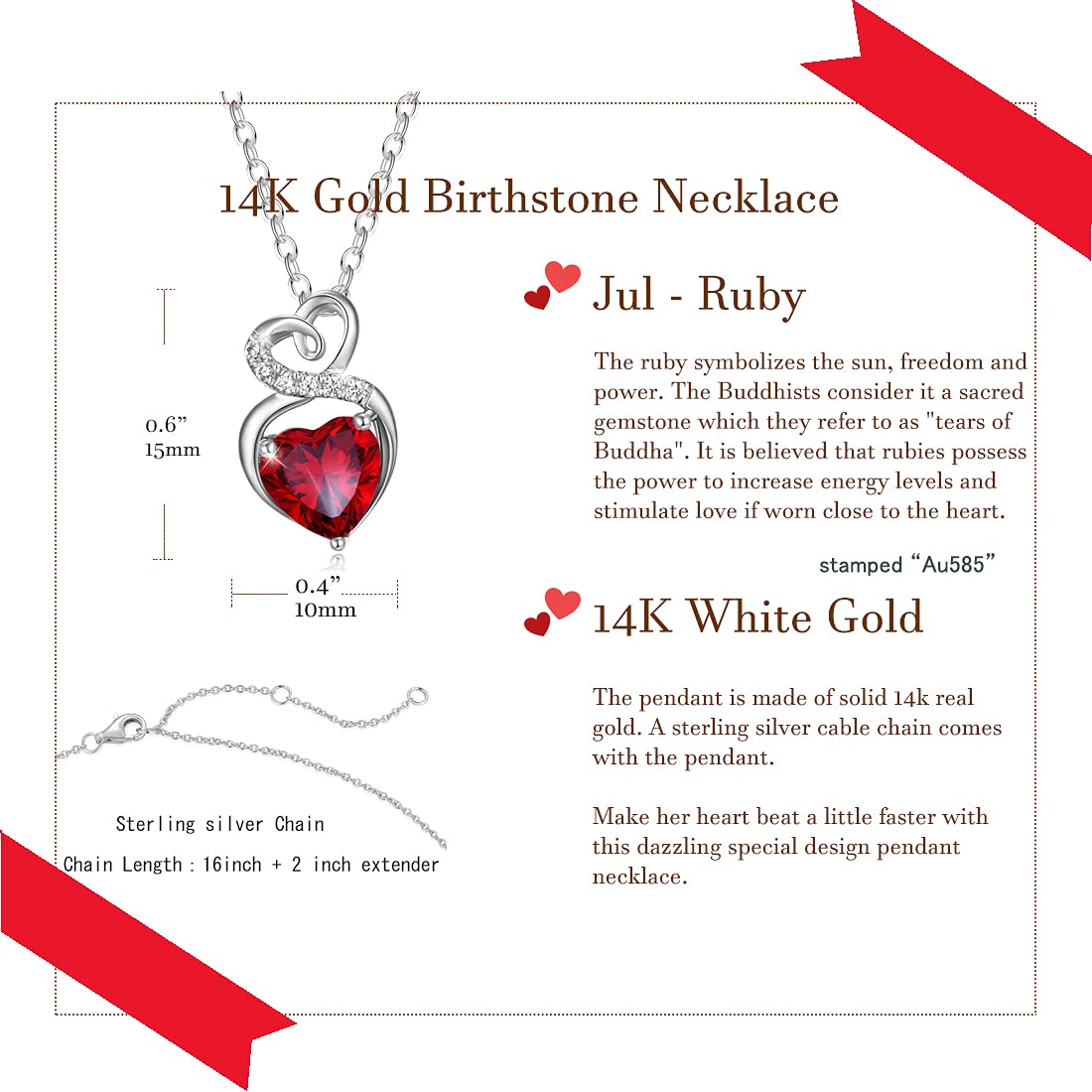 14K Solid White Gold Birthstone Necklace with Sterling Silver Chain - 1.5 CT Gemstone Heart Pendant - Dainty Fine Jewelry for Women - 16