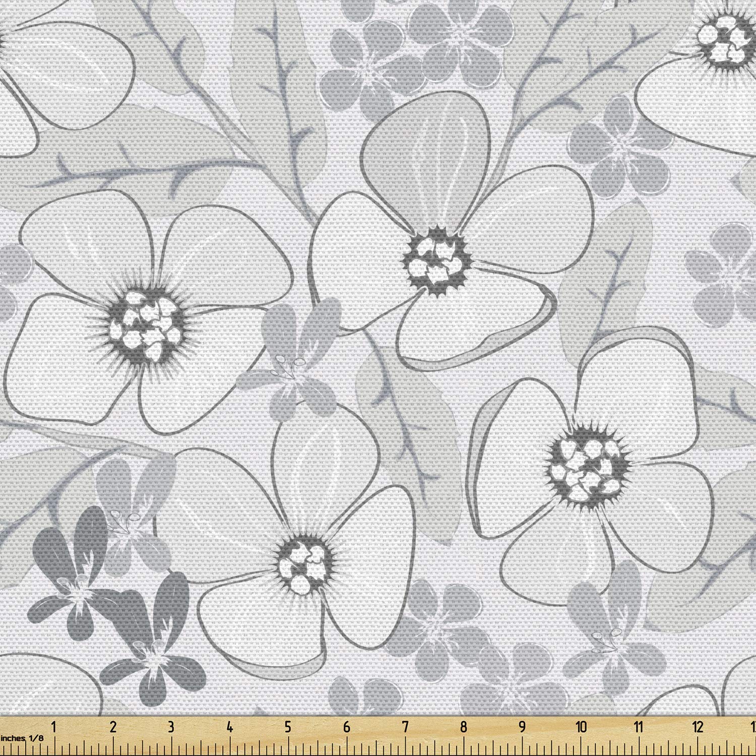Ambesonne Floral Fabric by The Yard - Abstract Hand-Drawn Spring Flowers with Grey Backdrop | 10 Yards Upholstery Fabric for Sofa, Curtains & Home Decor | Pale Grey & White Decorative Cotton Material | Perfect for DIY Projects, Pillow Covers & Table Runners
