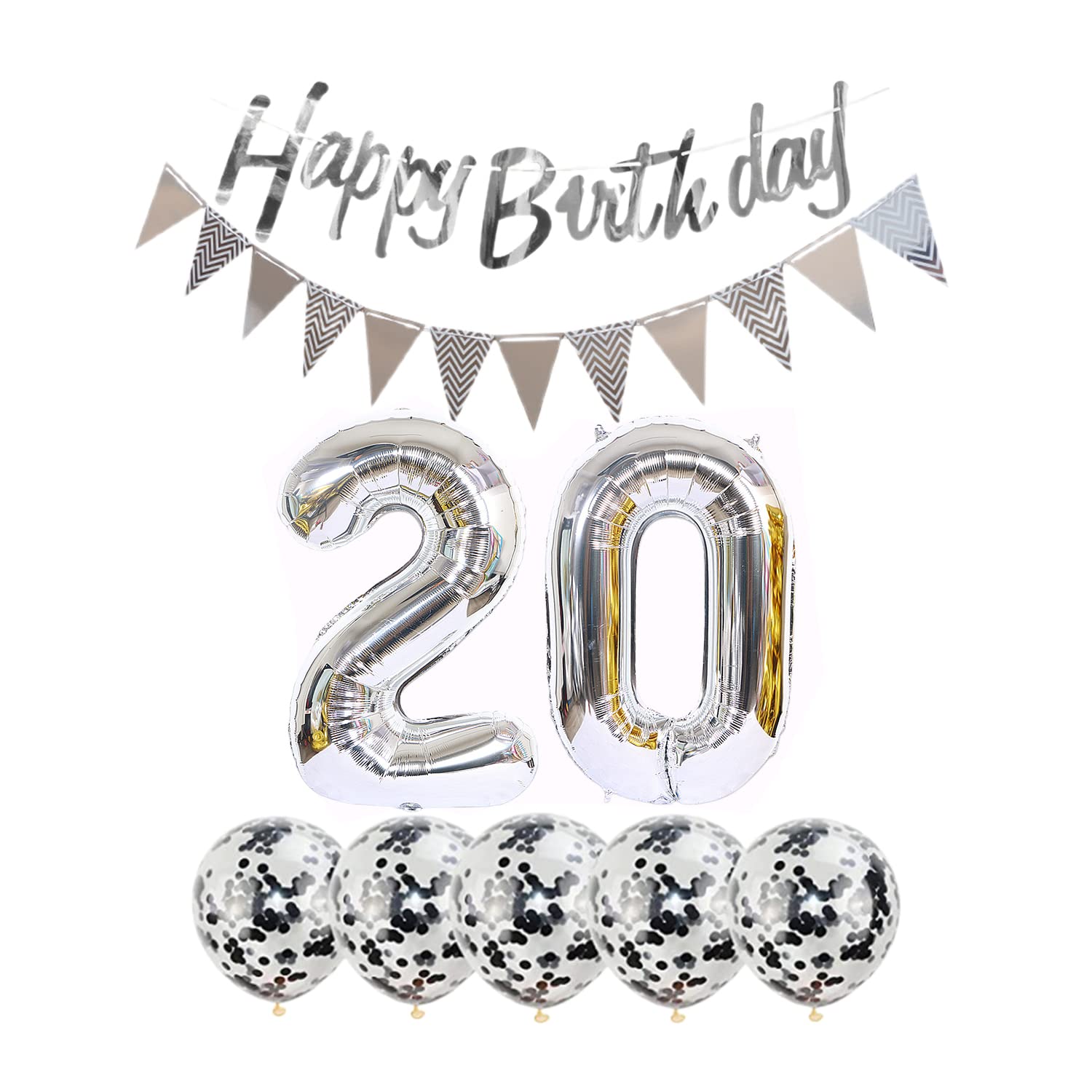 20th Birthday Decorations Set - 2 Number 20 Foil Balloons, Happy Birthday Garland, Silver Banner & 5 Confetti Balloons for Boys/Girls | Perfect for 20 Year Old Birthday Parties, Milestone Celebrations & Photo Backdrops