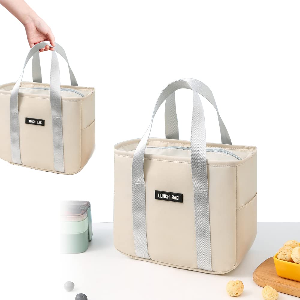 Portable Insulated Lunch Bag - Large Capacity Reusable Waterproof Picnic Bag for Office, School & Travel - Foldable Thickened Meal Bag for Workers, Students & Outdoor Activities (Beige)