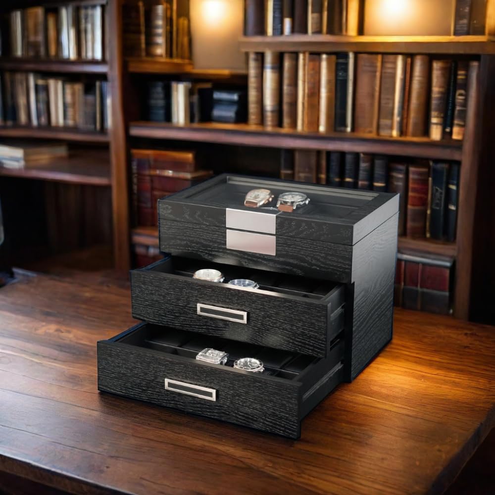 Personalized Ebony Wood Watch Display Case - 3-Tier Jewelry Organizer with Glass Top, Stainless Steel Accents & 2 Drawers - Luxury Watch Storage Box for Men & Women - Perfect for Home, Office or Gift Giving