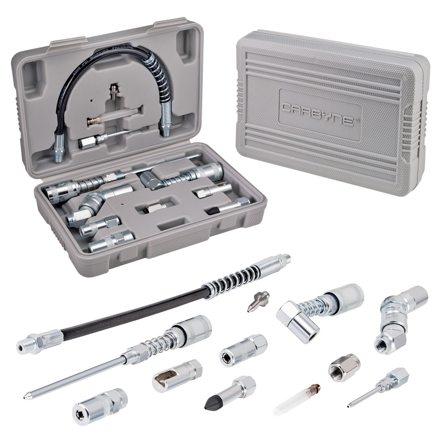 Carbyne 12-Piece Grease Gun Accessory Kit - Includes Couplers, Nozzles, Adapters & Flexible Hose with Heavy-Duty Storage Case | Made in USA | Perfect for Automotive, Industrial & Farm Equipment Maintenance