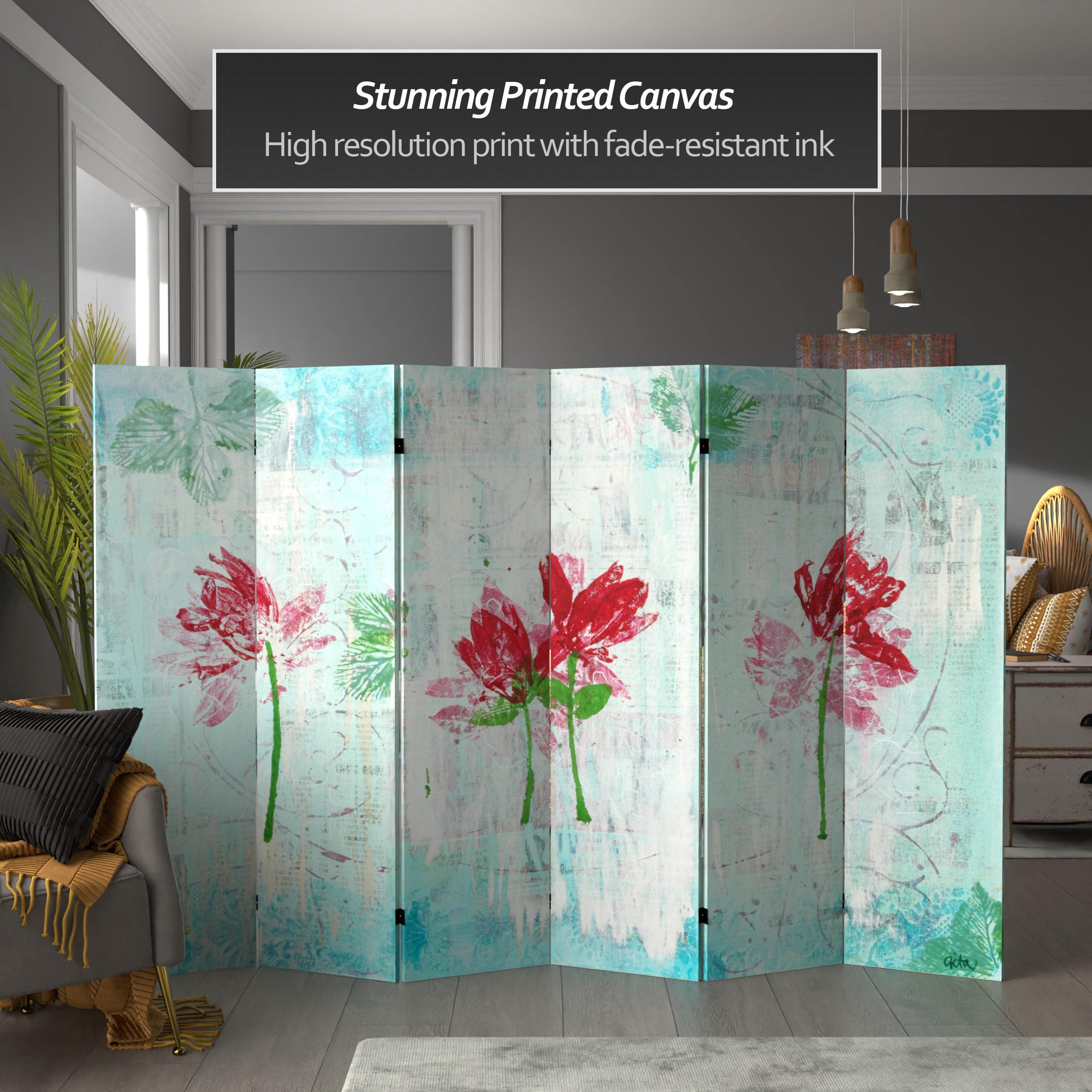 5 1/4 ft Red Lantern Spring Morning Canvas Room Divider - 6 Panel Folding Privacy Screen (63