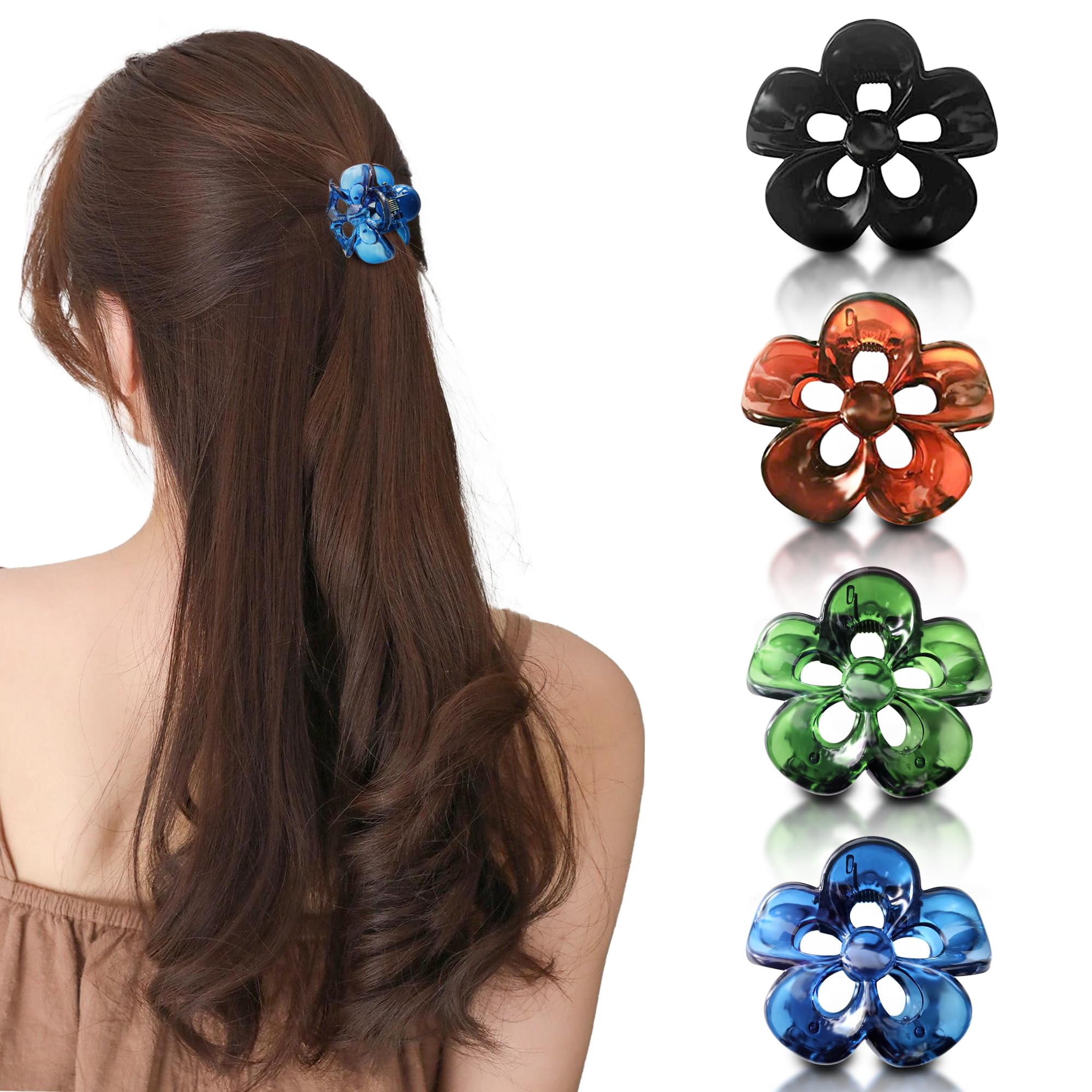Sanas Small Hair Clips for Women & Girls - 4PCS Korean Style Claw Clutch Hair Accessories (Brown, Black, Flower Design) - Perfect for School, Work, Parties & Everyday Styling