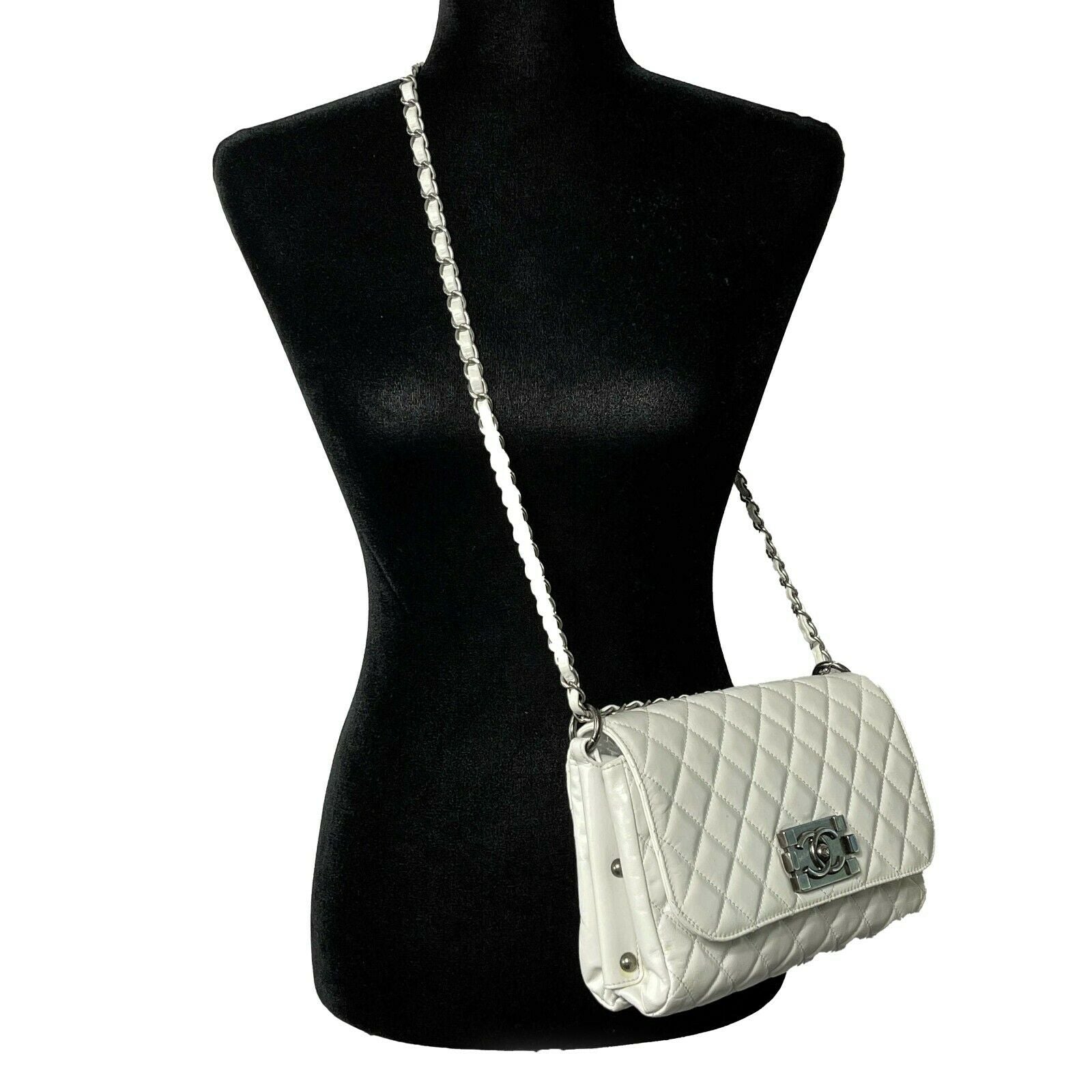 CHANEL White & Aged Silver CC Quilted Medium Leather Flap Crossbody Shoulder Bag - Luxury Designer Handbag for Women, Perfect for Parties, Date Nights & Special Occasions