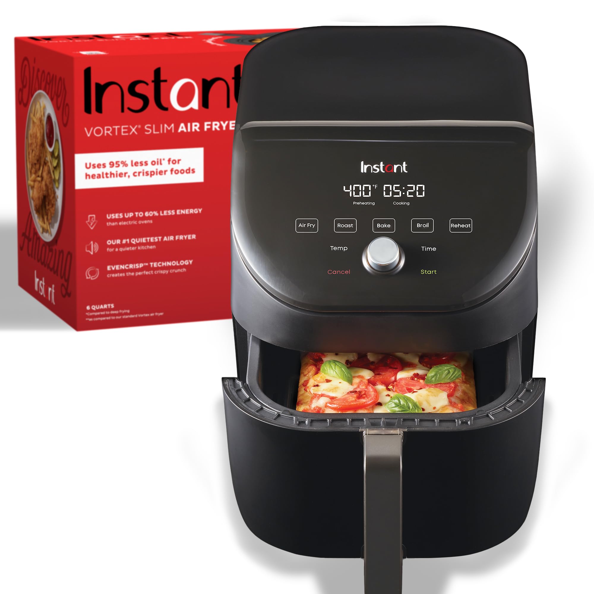 Instant Pot Vortex Slim XL 6QT Air Fryer - Quiet, Space Saving, Nonstick & Dishwasher-Safe | Crisps, Roasts, Reheats, Bakes & Broils | 100+ In-App Recipes | Perfect for Healthy Cooking, Meal Prep & Family Dinners | Black