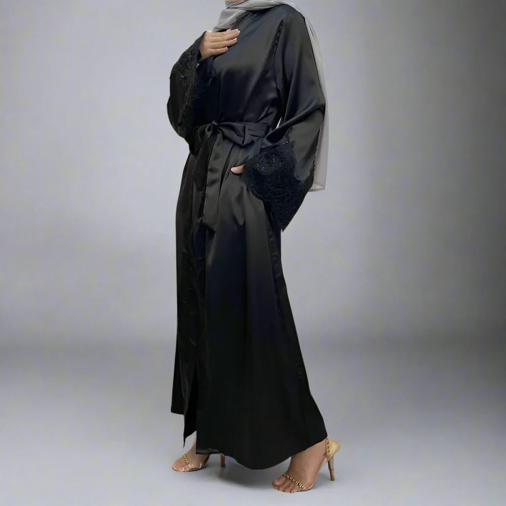 Elegant Satin Embroidery Long Sleeve Open Abaya Dress for Muslim Women - Perfect for Prayer, Mosque Visits & Special Occasions