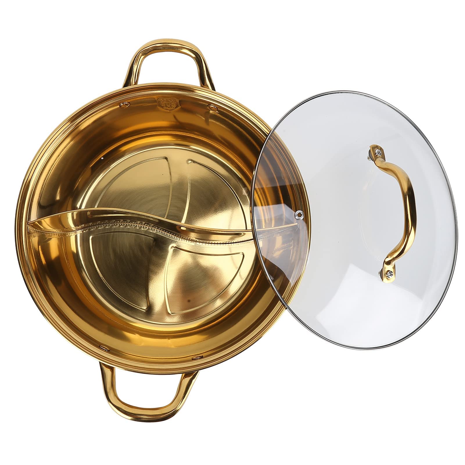 Premium Stainless Steel Dual Compartment Hot Pot with Lid - Titanium Plated Golden Shabu Shabu Pot for Gas & Electric Stoves - Perfect for Family Gatherings, Asian Cuisine & Hot Pot Parties