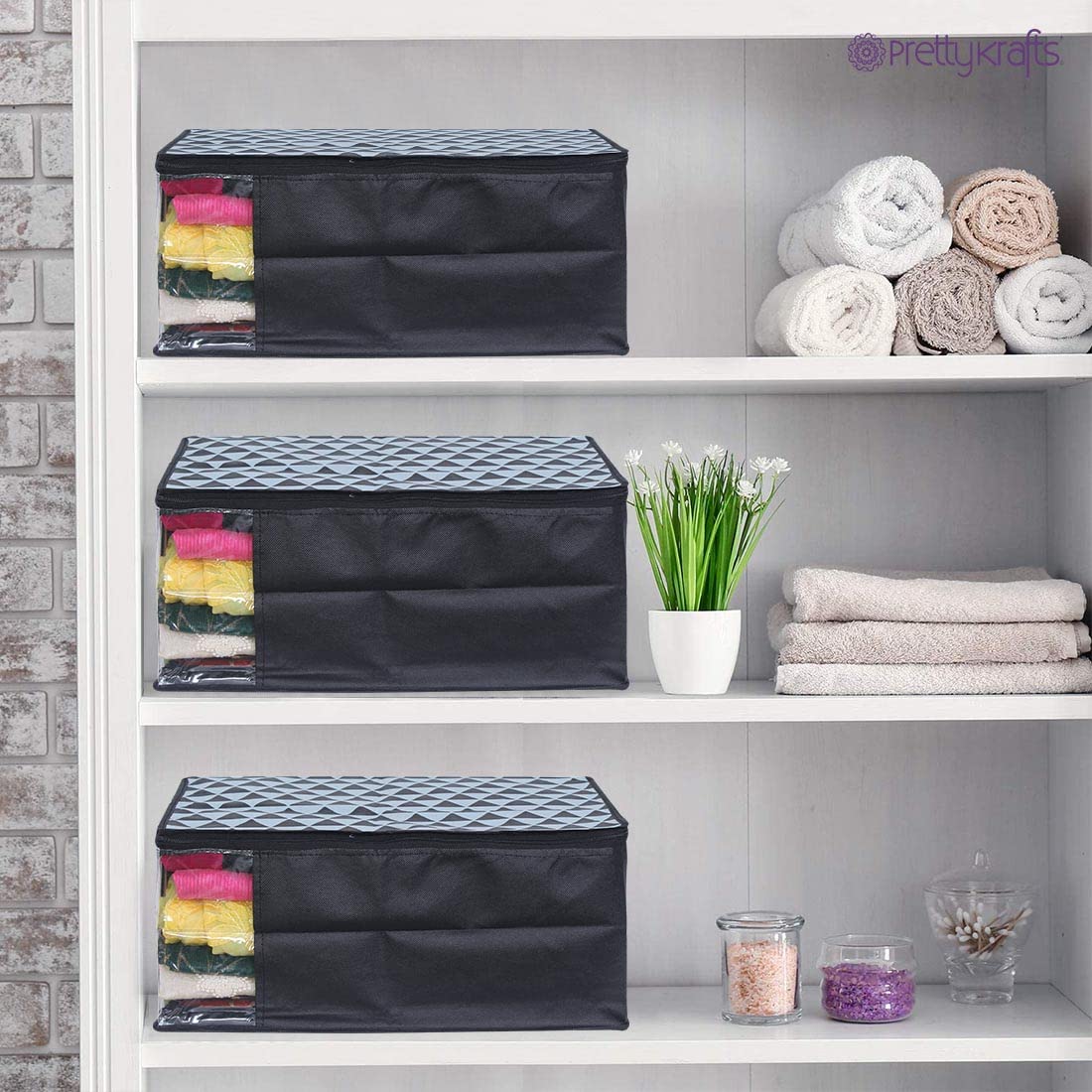 PrettyKrafts™ Premium Non-Woven Saree Storage Bags - 3-Pack Grey Closet Organizers for Sarees, Dresses & Wardrobe - Space-Saving Travel & Home Storage Solution