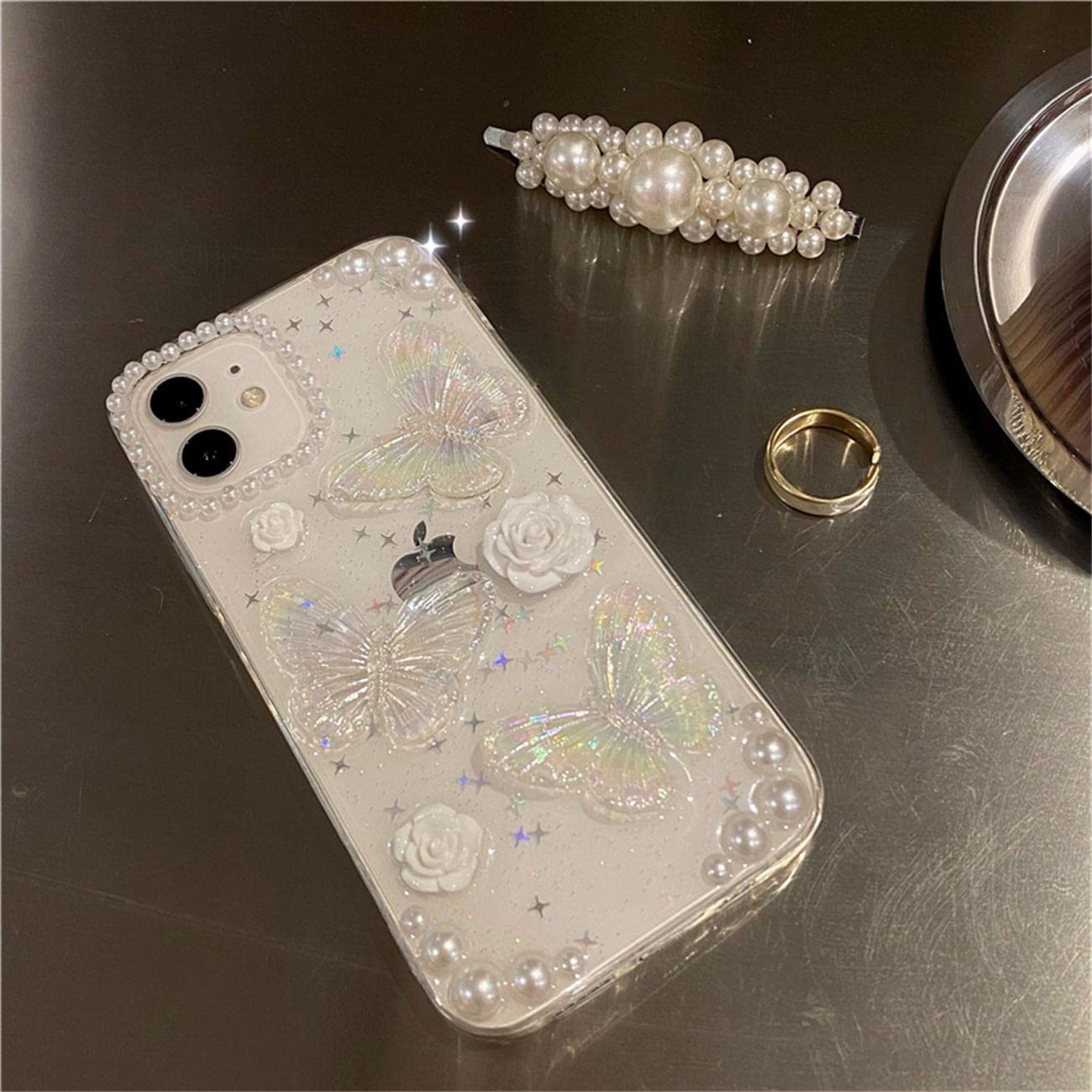 Fycyko iPhone 15 Case - 3D Butterfly Floral Clear Phone Cover with Glitter & Crystal Sparkle Design | Aesthetic Protective Case for Women & Teen Girls | Includes Pearl Chain | Perfect for Everyday Use, Parties & Gifts