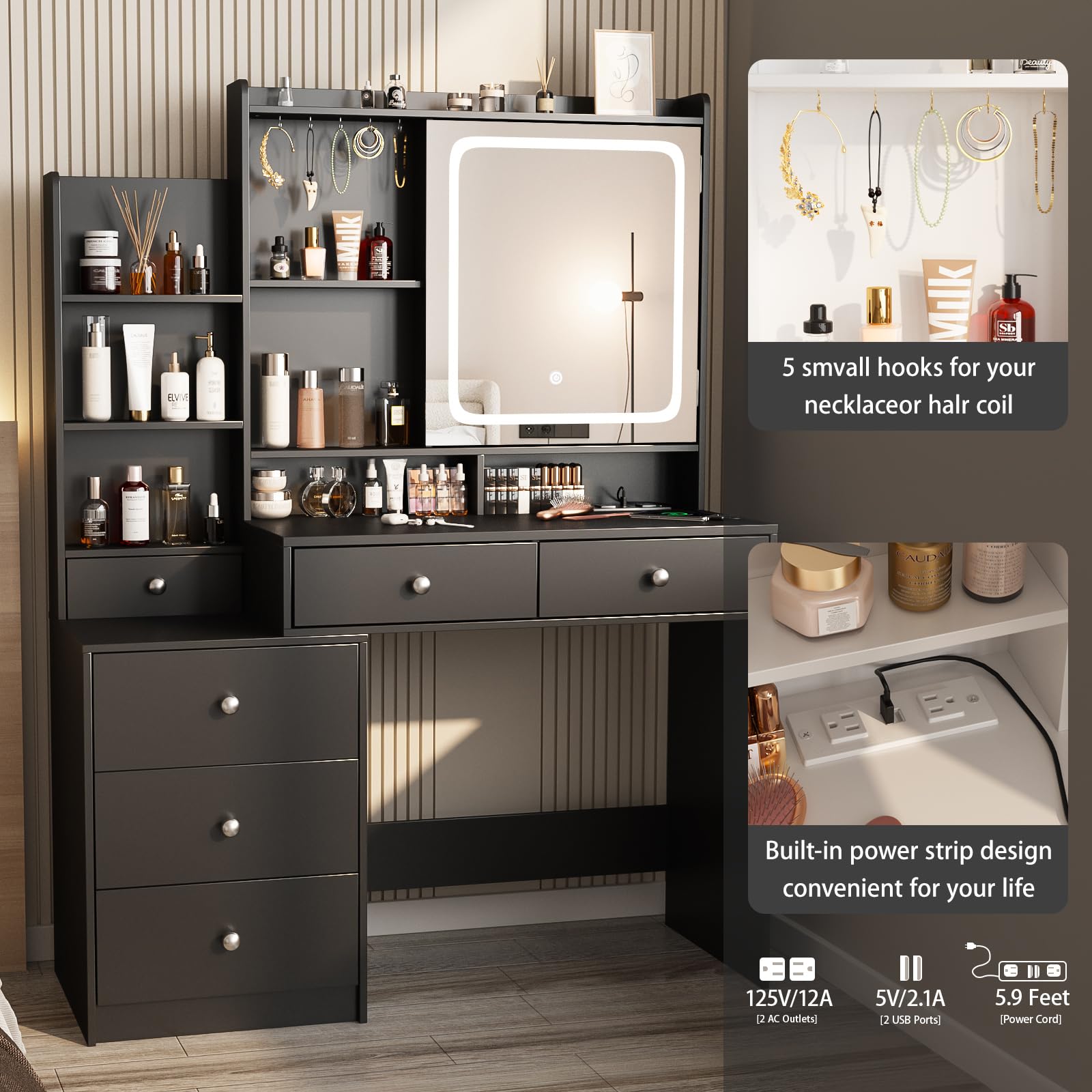 Vabches Vanity Desk with LED Lighted Mirror, 6 Drawers & Shelves, Power Outlet - Makeup Dressing Table for Bedroom (Black, White, Pink) | Perfect for Daily Beauty Routine & Small Space Organization