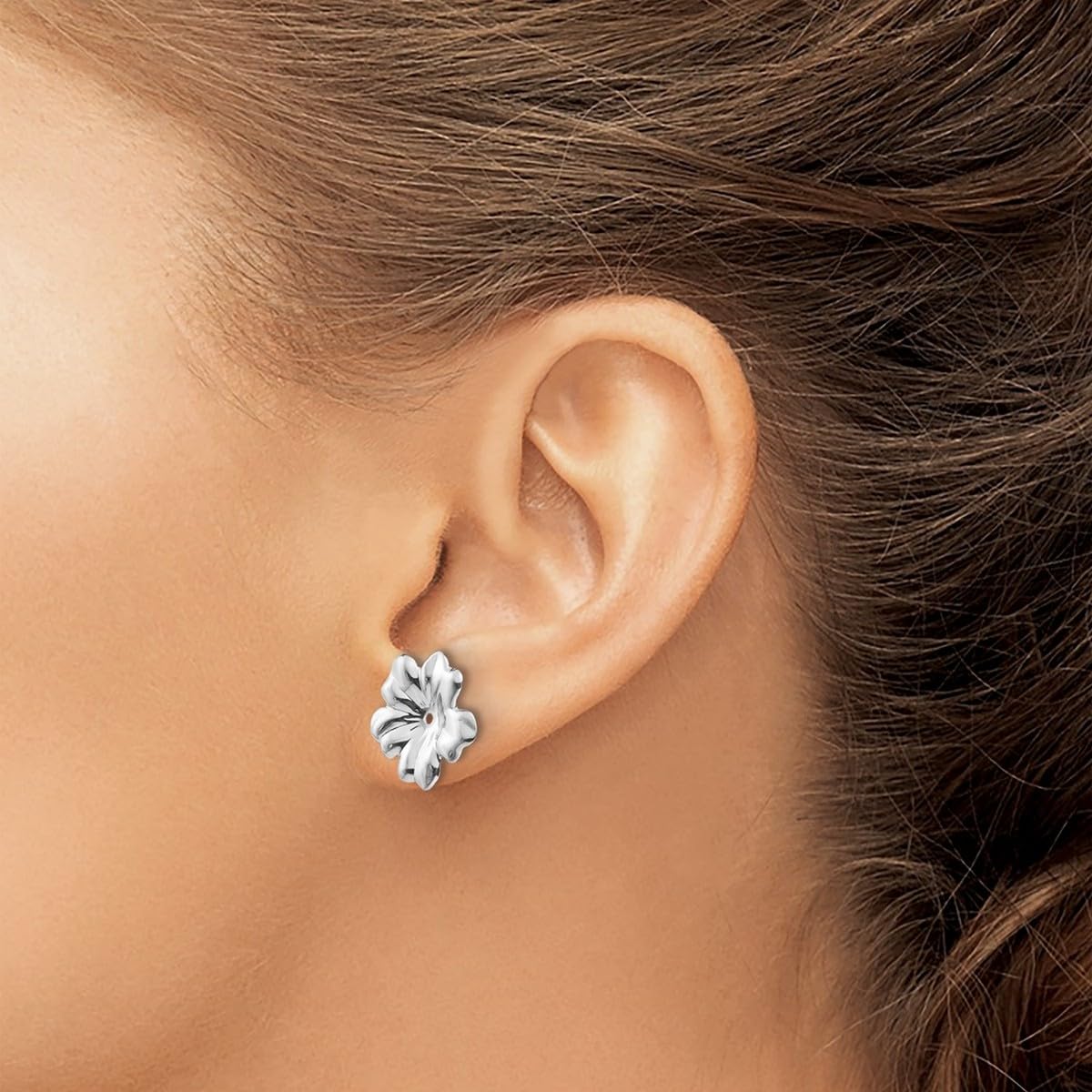 14K White Gold Floral Earring Jackets for Women - 11x11mm Polished Wide Design, Perfect for Weddings, Parties & Everyday Elegance
