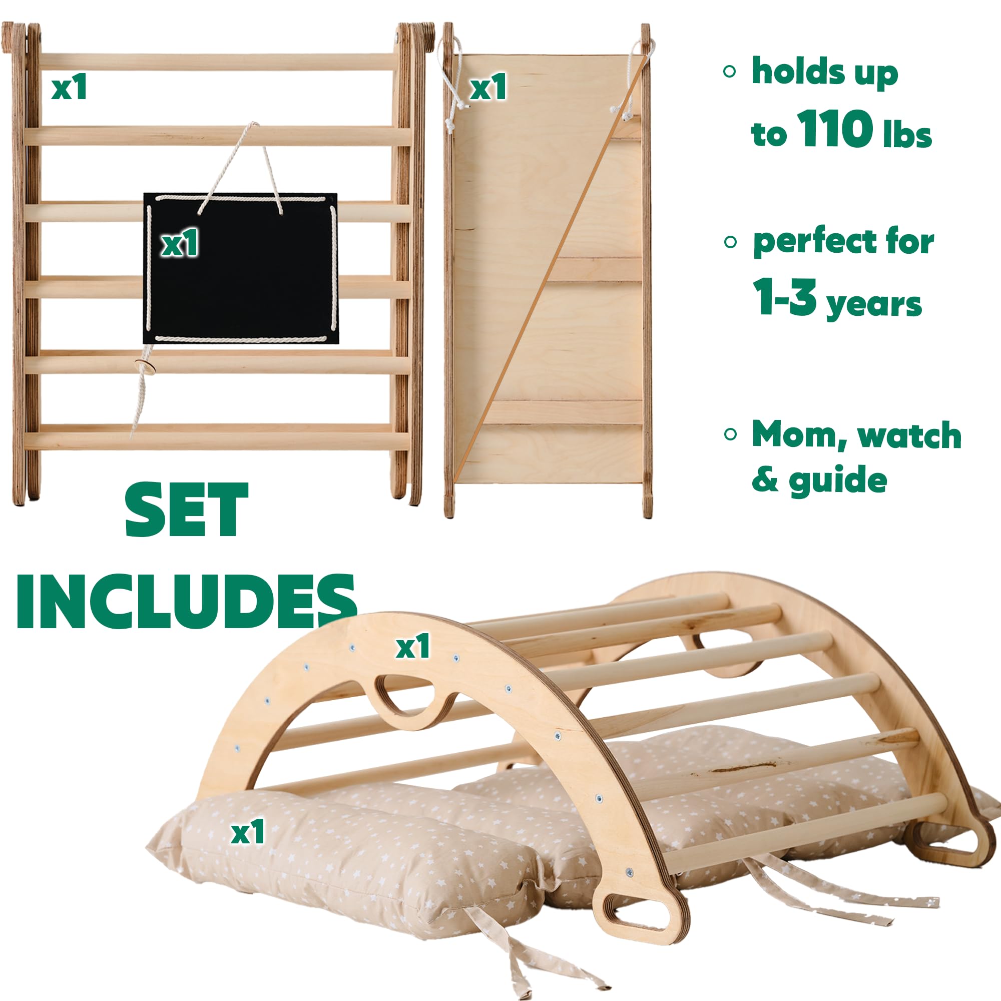 5-in-1 Foldable Montessori Climbing Frame for Toddlers 1-3 Years - Triangle Ladder, Climbing Arch, Slide, Rope & Cushion - Kids Wooden Gym Set for Indoor Play, Physical Development & Sensory Exploration - Perfect for Home, Daycare & Preschool Activities