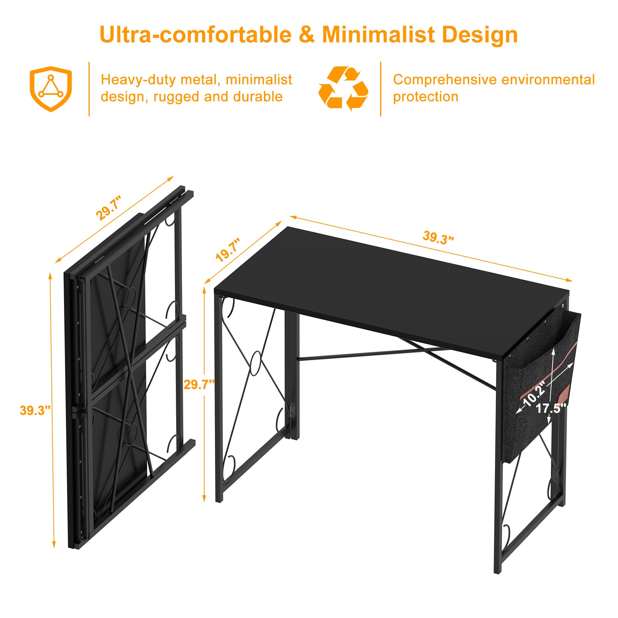 VECELO 39 Inch Folding Desk - Simple Assembly Computer Desk for Home Office, Study & Small Spaces | Writing, Working & Gaming Desk | Foldable Table with Sturdy Frame (Black) - Perfect for Apartments, Dorms & Workspaces