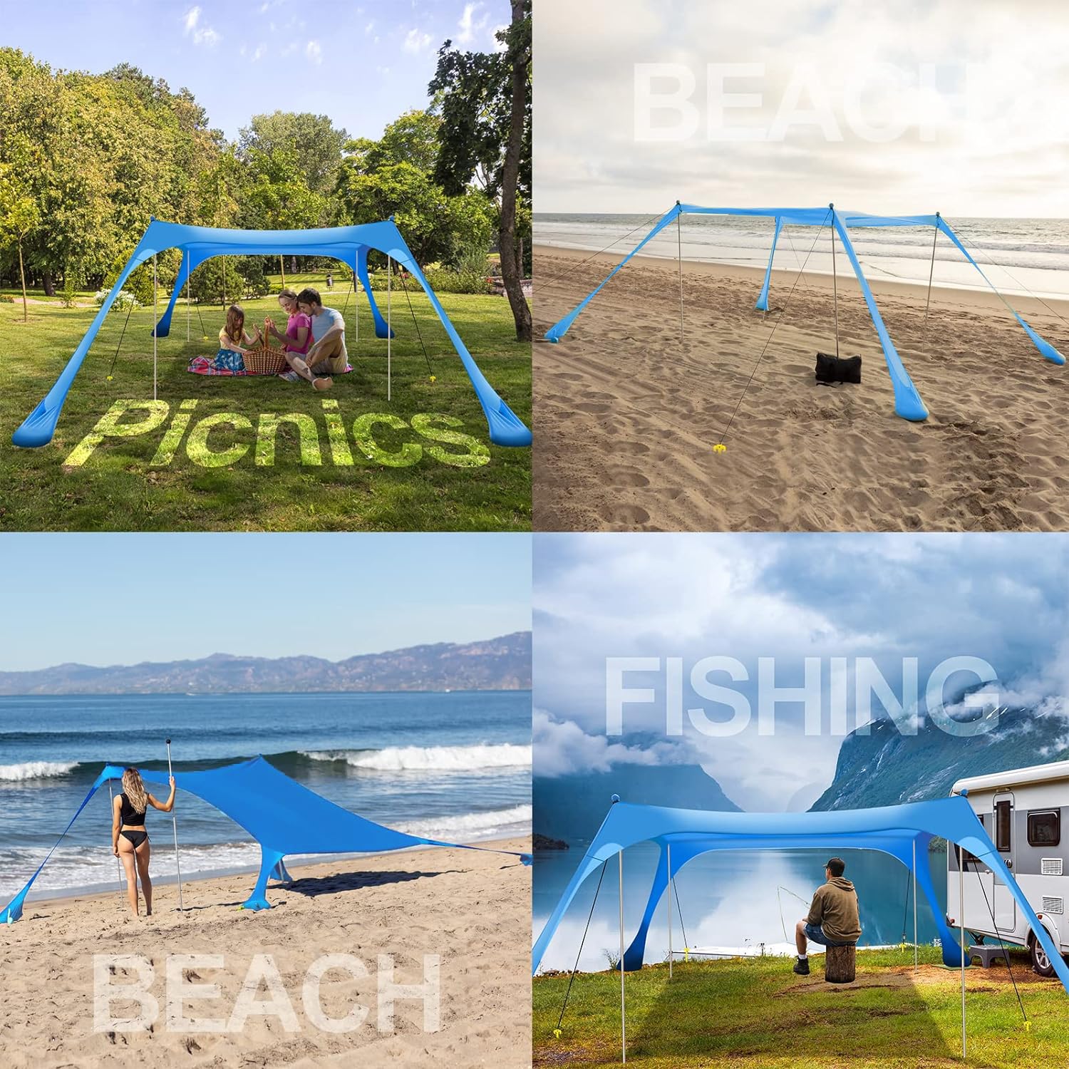 UPF50+ Beach Tent Sun Shelter with Sand Shovel & Grass Pegs - Portable Sunshade for Family Beach Days, Camping, and Outdoor Adventures