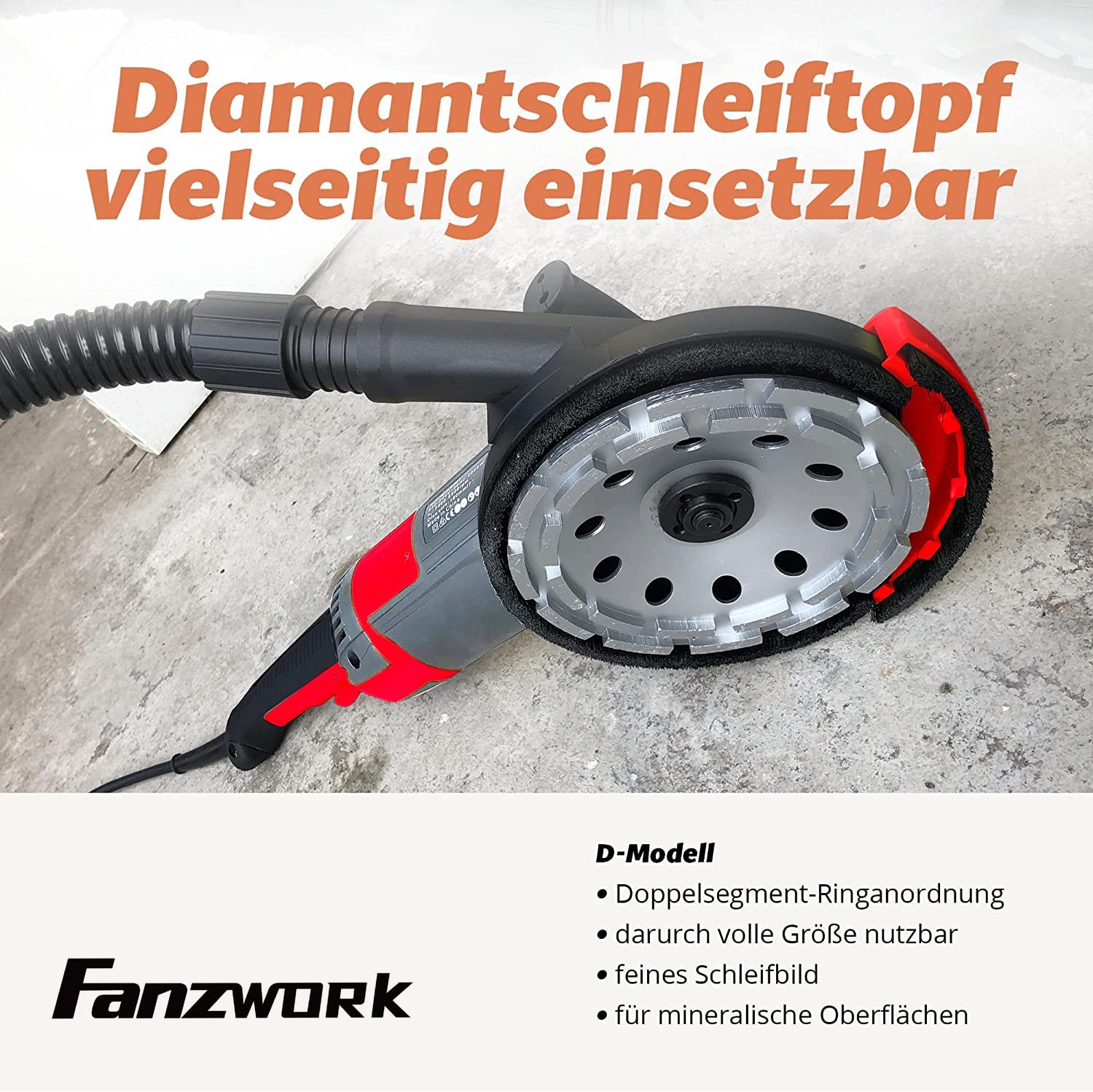 FANZWORK 1500W 125mm Concrete Grinder & Cutter Set with Diamond Cup Wheel & Suction Bonnet - Perfect for Floor Polishing, Surface Preparation, and DIY Home Renovation Projects