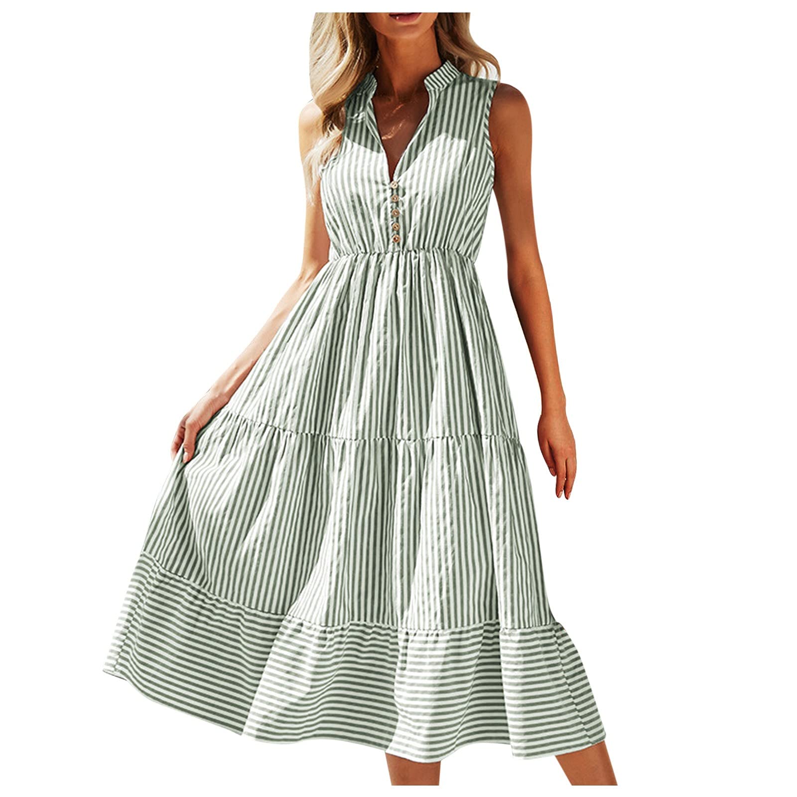 Women's V-Neck Striped Midi Dress - Casual Sleeveless Flowy Summer Dress with Collar, Knee Length | Perfect for Beach Outings, Brunch Dates, and Summer Vacations