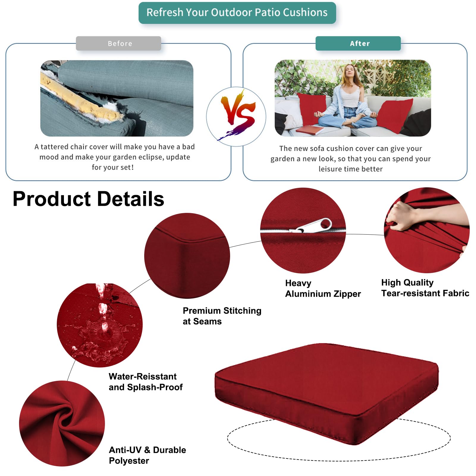 Waterproof Outdoor Patio Cushion Covers with Zipper - Replacement Slipcovers for Wicker Rattan Sectional Couch & Chair (Set of 12, Red) - Perfect for Garden, Poolside, and Patio Furniture Protection