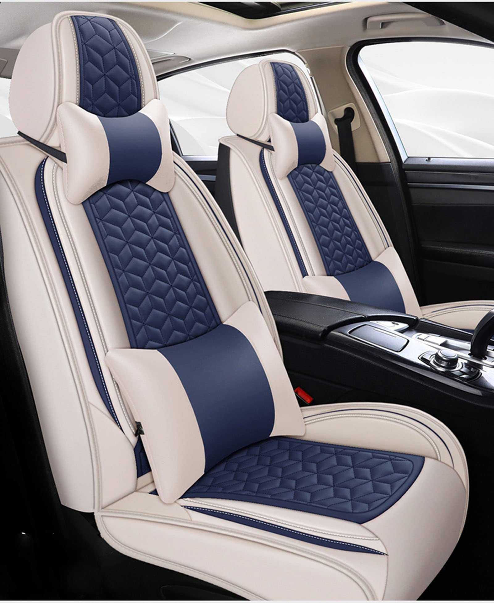 KEINXOW Universal 5-Seat Car Seat Covers - Waterproof PU Leather Front & Rear Cushion Set with Headrest & Lumbar Support Pillows for Sedan, SUV | Comfortable Driving & Road Trip Accessories