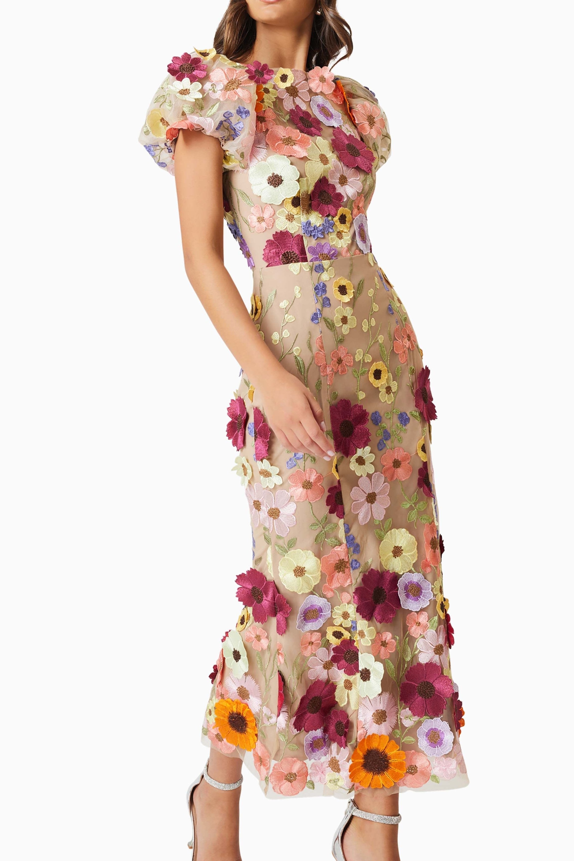 Astraea Elegant 3D Lace Maxi Dress in Pink - Perfect for Weddings, Parties & Special Occasions