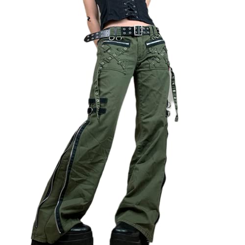 Juakoso Y2K Low Waist Cargo Pants for Women - Solid Color Punk Tactical Pants with Multiple Pockets & Zipper Details | Straight Leg Streetwear Trousers | Perfect for Casual Outfits, Concerts & Urban Fashion