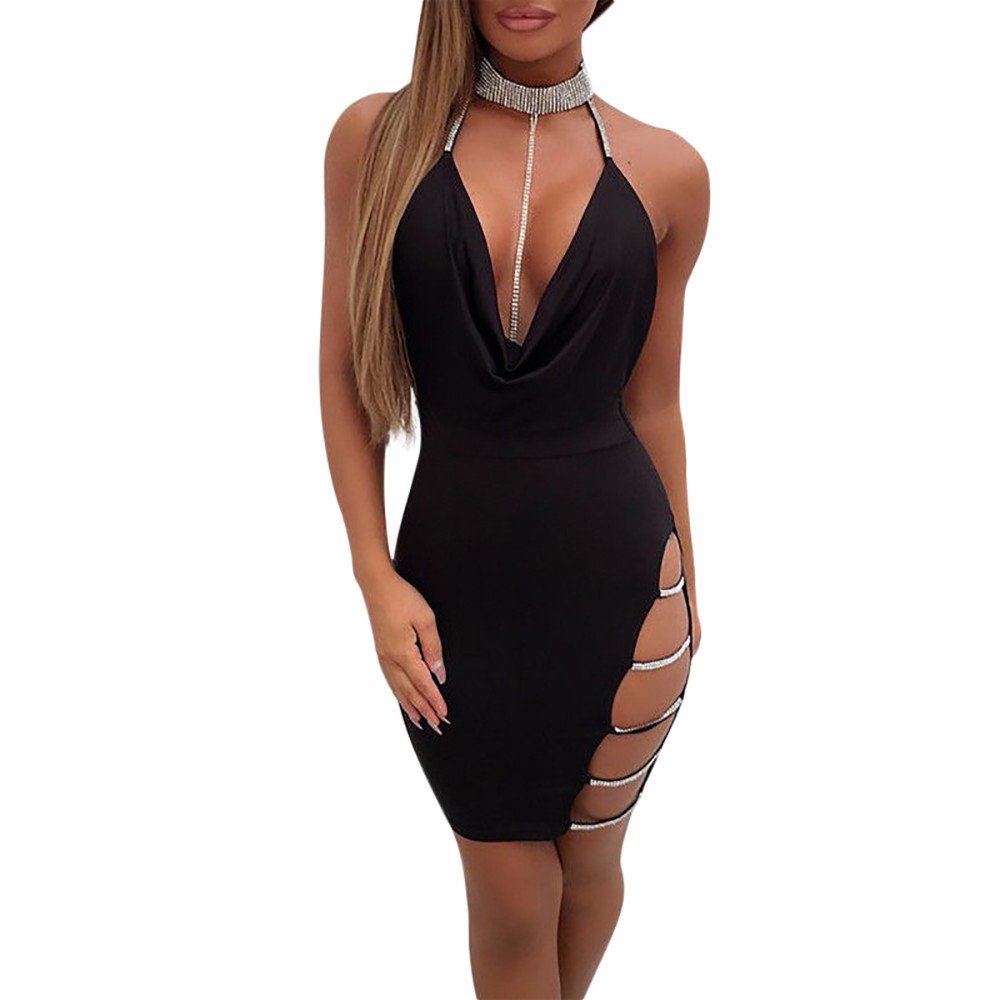 Sexy Deep V Neck Cocktail Dress for Women - Halter Backless Bodycon Mini Dress with Choker & High Slit | Perfect for Night Out, Party, Club & Special Occasions