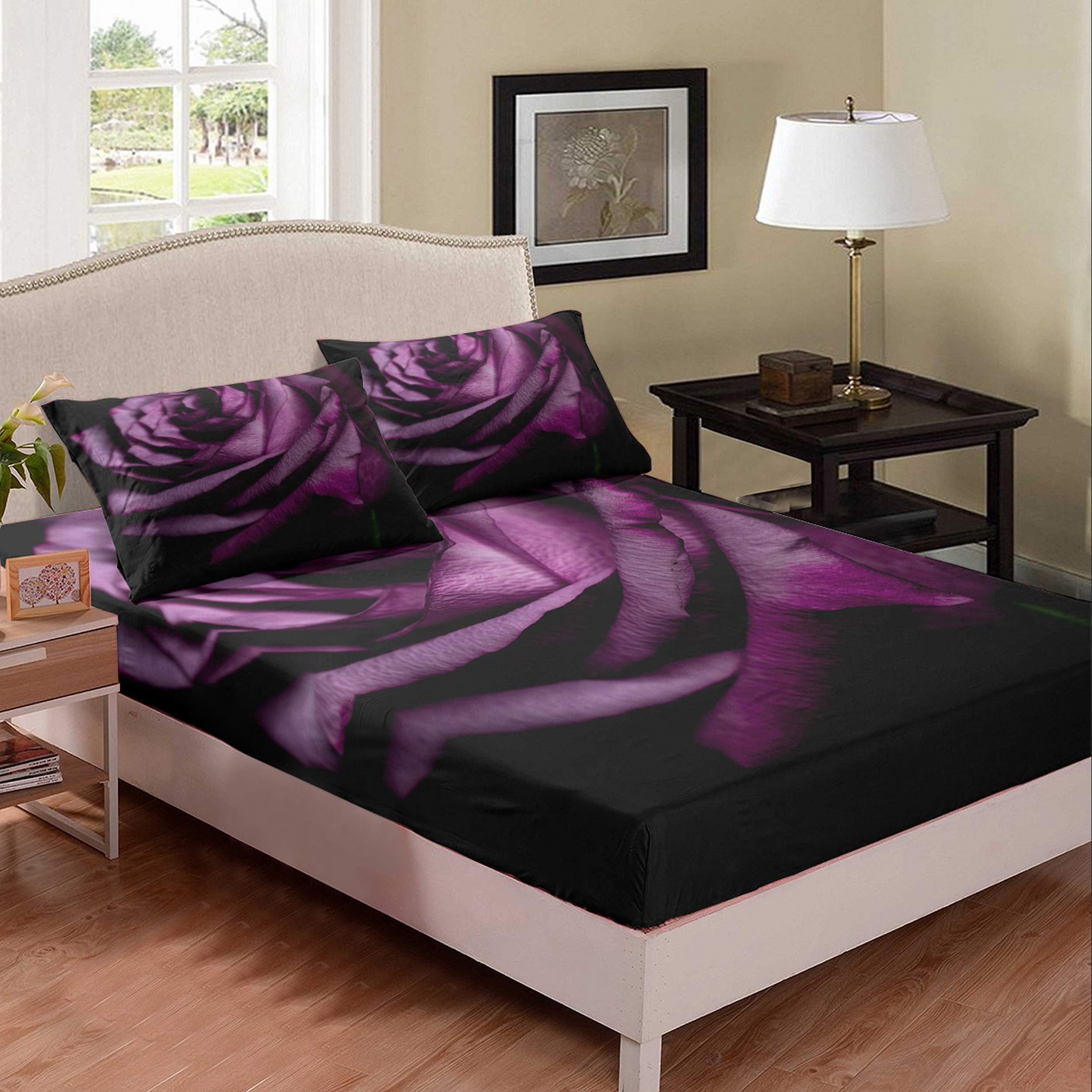Soft Microfiber Floral Bedding Set - Queen Size 3-Piece (1 Fitted Sheet + 2 Pillow Cases) with Purple Grape & Rose Design - Perfect for Master Bedroom, Guest Room & Vacation Homes