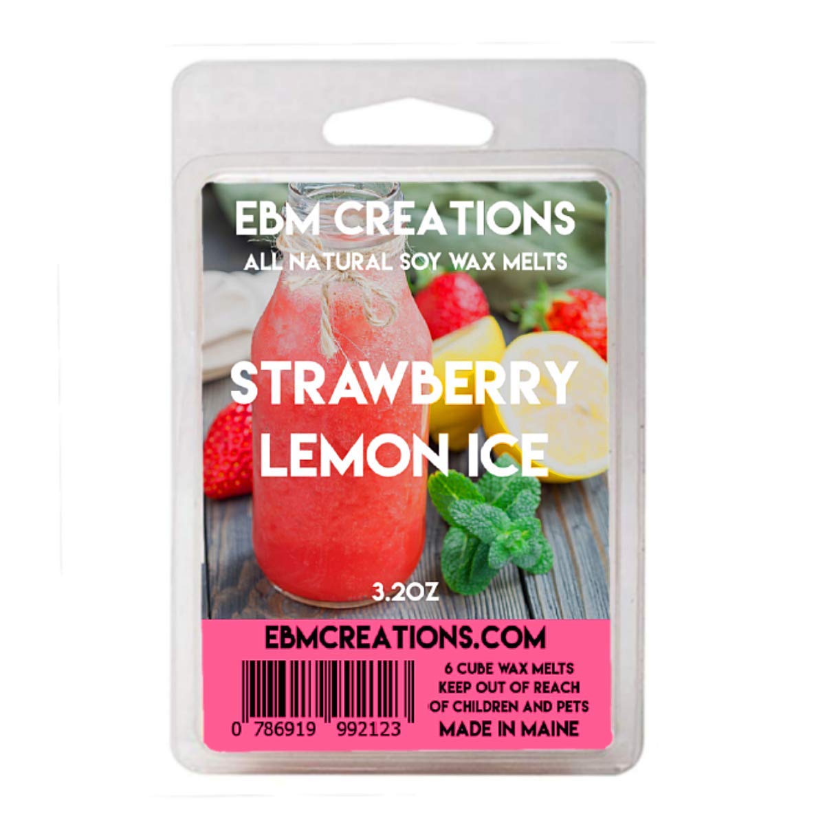 All Natural Strawberry Lemon Ice Scented Soy Wax Melts - 6 Cube Clamshell 3.2oz, Highly Fragranced for Home, Office & Relaxation