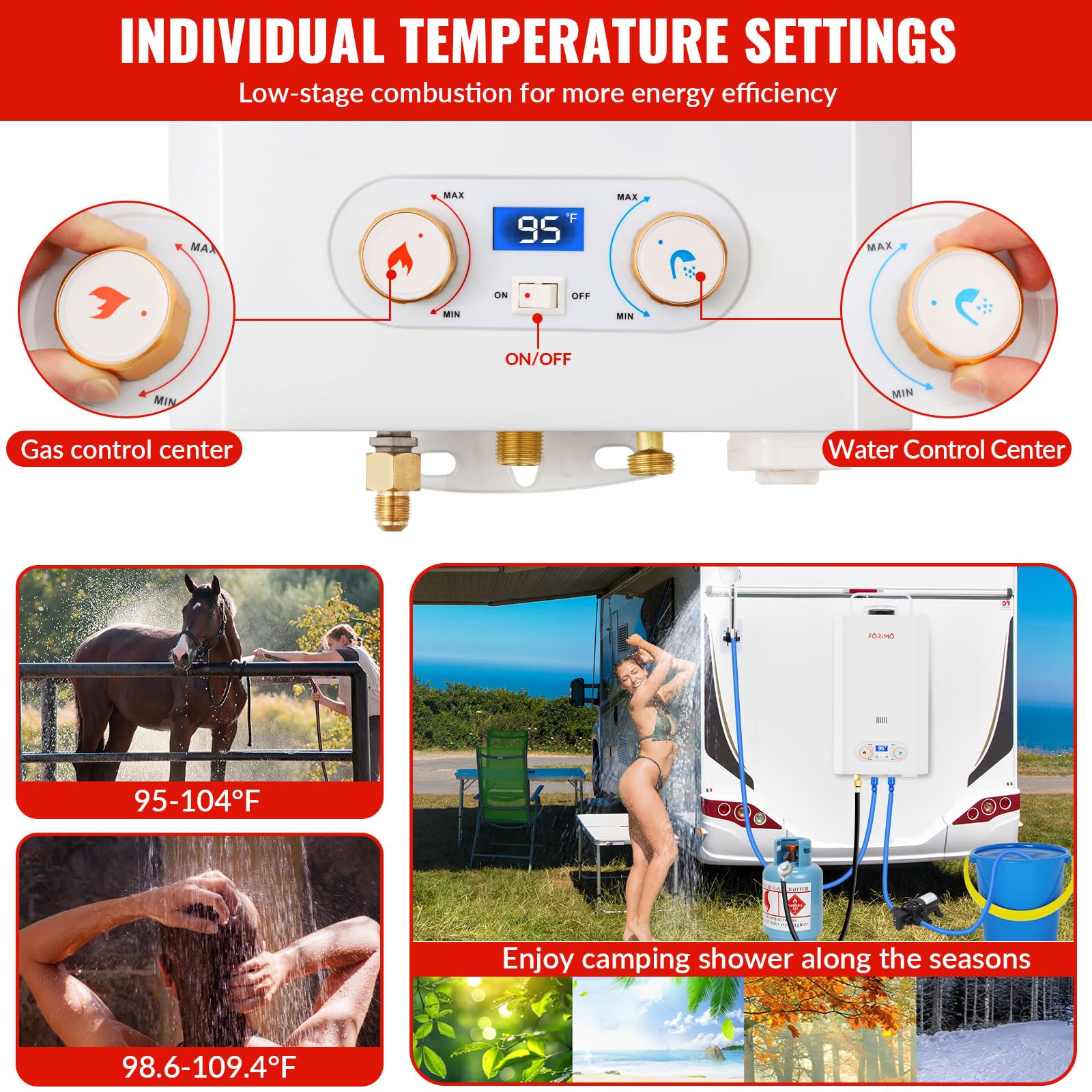 **2.11GPM 8L Outdoor Portable Propane Tankless Water Heater with Digital Display & 2GPM Water Pump - Instant Hot Water for Camping, Boating, RV & Cabin Use**