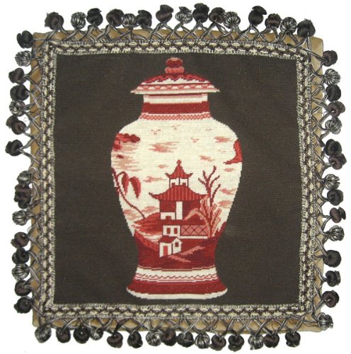Red Pagoda Vase Needlepoint Pillow - 16x16 Inch Decorative Throw Pillow for Sofa, Bed & Home Decor | Asian Inspired Embroidery Cushion