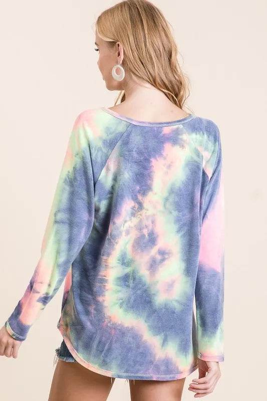 Bibi Tie Dye Terry Crop Top with Contrast Stitching - Women's Fashion Casual Short Sleeve Shirt for Summer, Beach, and Music Festivals