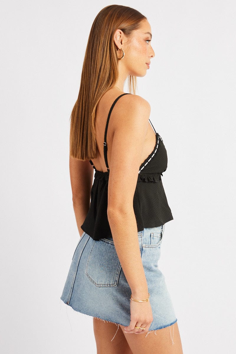 Elegant Black Cami Top with Ribbon Trim & Textured Frill Detail - Perfect for Layering, Date Nights & Casual Outfits