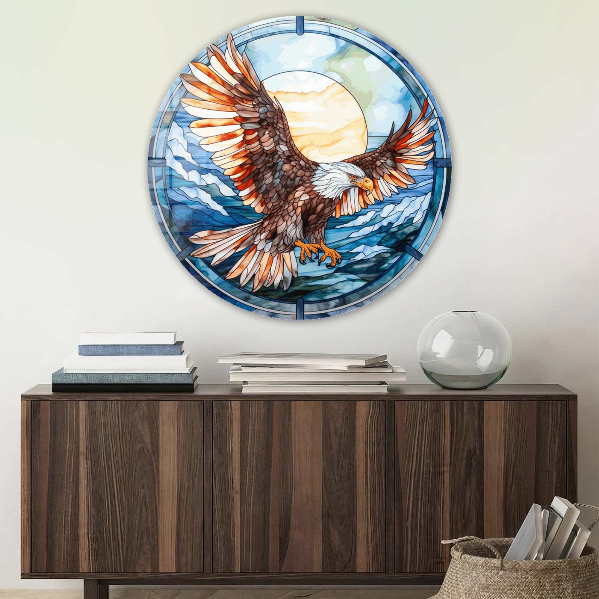 Stained Eagle Rounded Glass Wall Art - Handcrafted Decorative Glass Panel for Home & Office Decor - Perfect for Living Room, Bedroom, or Entryway