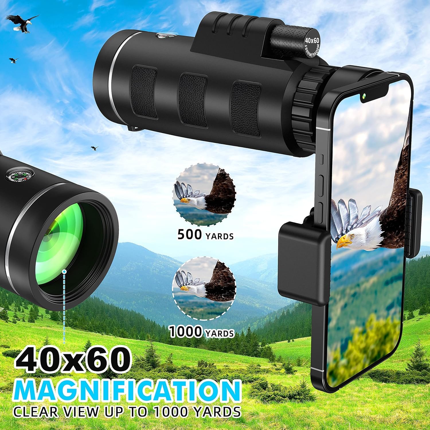 40x60 High Power Monocular Telescope with Smartphone Adapter - Compact & Lightweight for Low Light Viewing - Perfect for Wildlife Observation, Hunting, Camping, Travel & Outdoor Adventures - Ideal for Bird Watching, Hiking, Concerts and Sporting Events