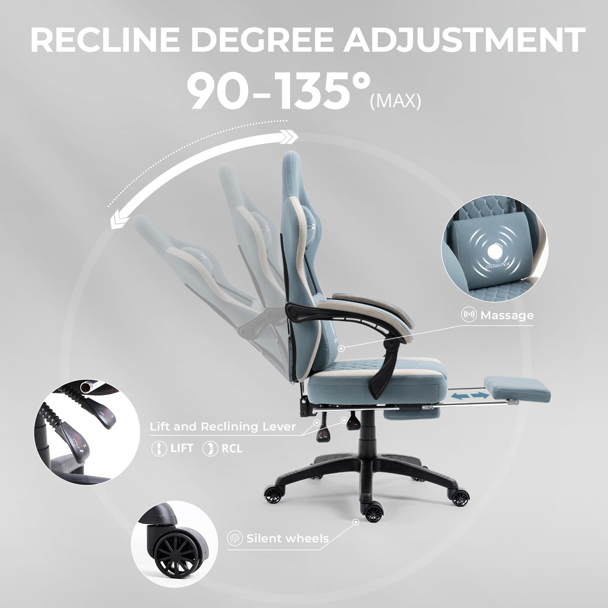 Dowinx Ergonomic Gaming Chair - Breathable Fabric Office Chair with Pocket Spring Cushion & Gel Pad, Adjustable Footrest & Storage Bag - Blue Computer Chair for Gamers & Home Office Use