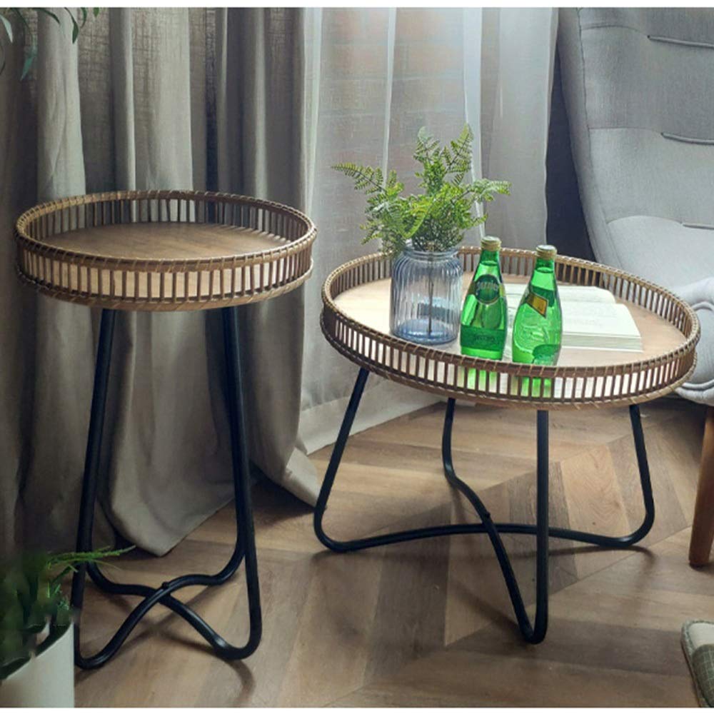 Wrought Iron Rattan Side Table - 23×18 Inch Small Round Coffee Table for Living Room, Sofa, Bedroom & Patio - Rustic End Table with Storage Shelf for Home Decor