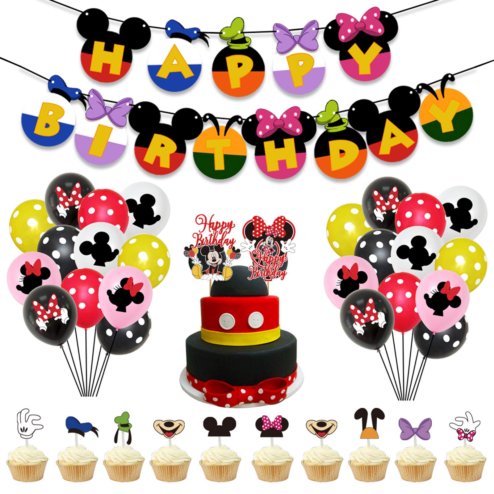 Mickey Mouse Birthday Party Decorations Set - Happy Birthday Banner, 24pcs Balloons, Cake Toppers for Kids - Perfect for Disney Themed Birthday Parties, Baby Showers & Mickey Mouse Celebration Events