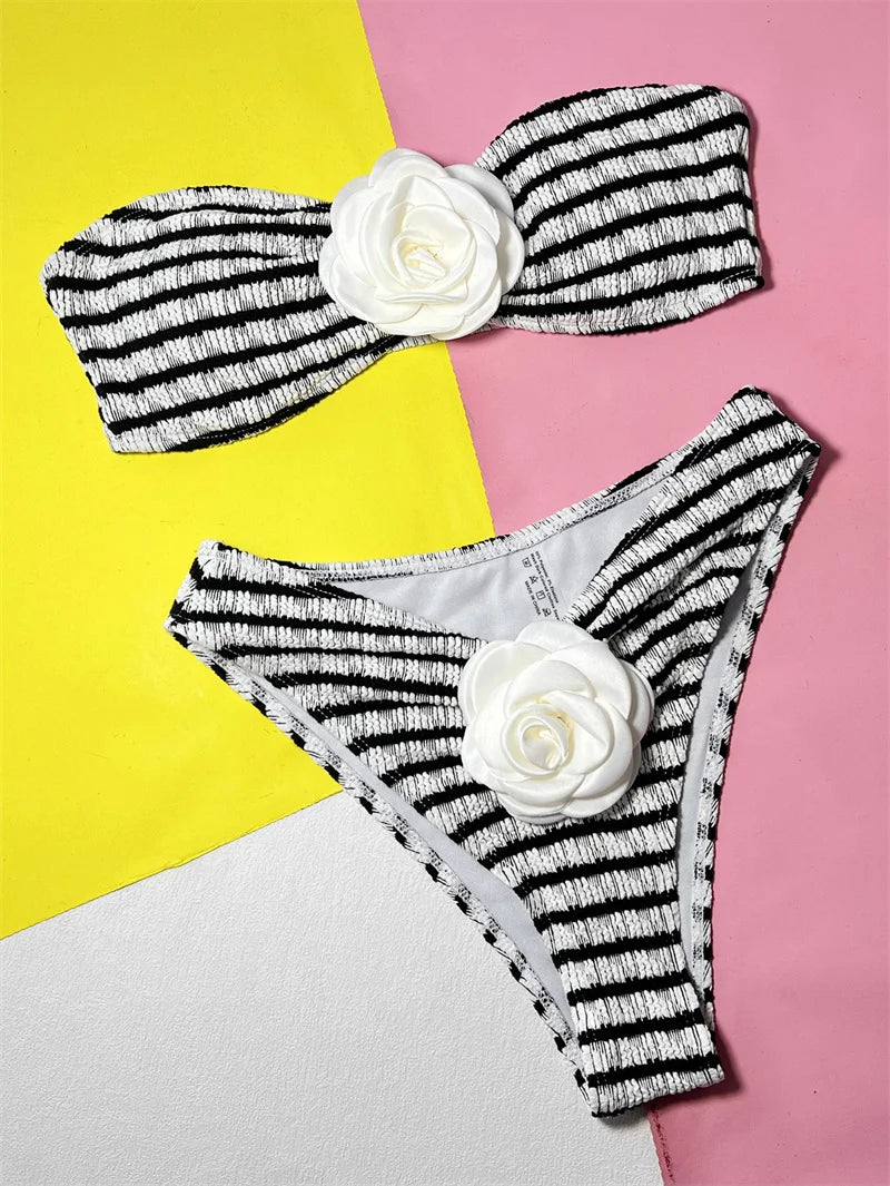 3D Flowers Striped Bandeau Bikini for Women - Push Up Brazilian Swimsuit 2025 | Sexy Bathing Suit for Beach, Pool Party & Summer Vacation