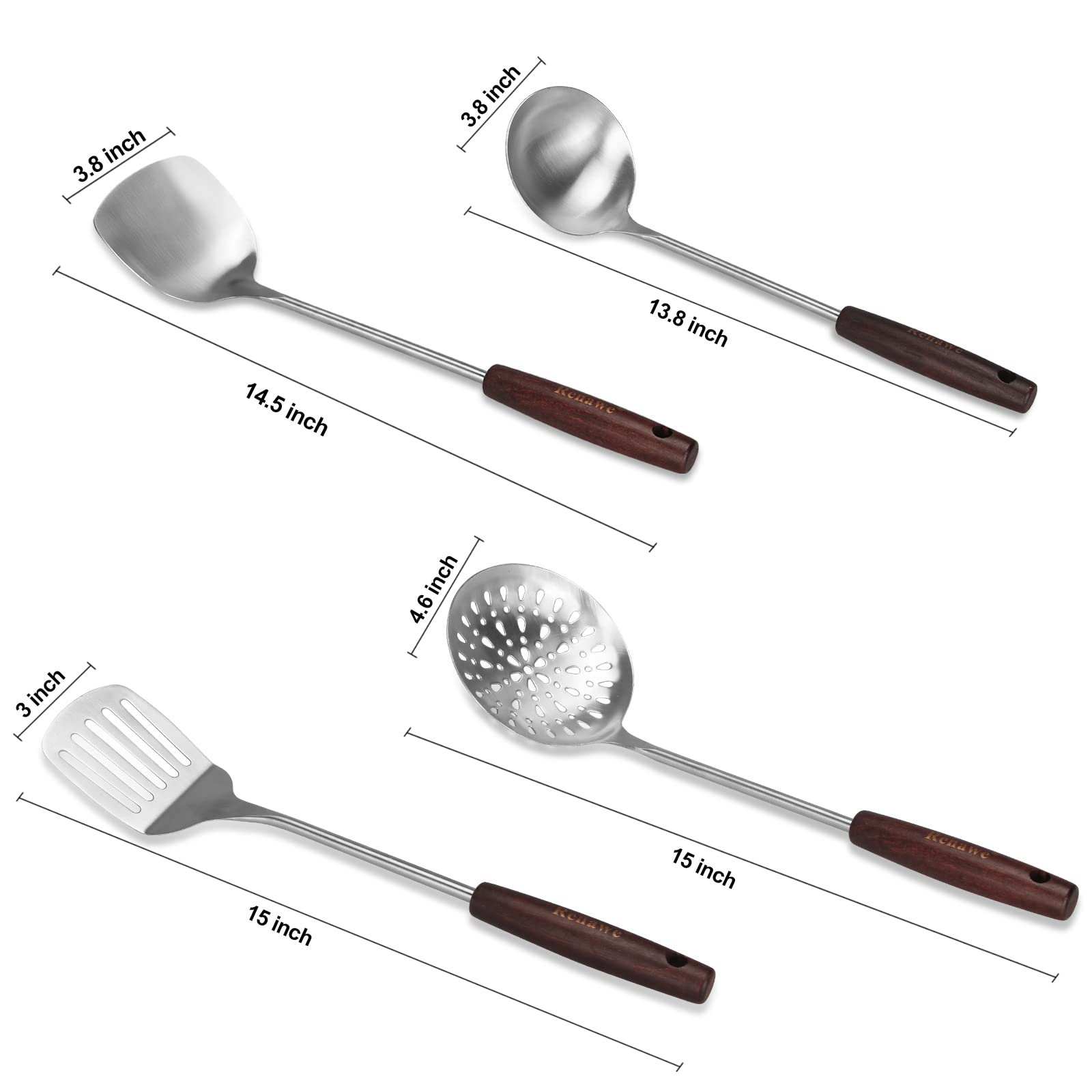 15 Inch Stainless Steel Slotted Turner & Soup Ladle Set - 304 Grade, Long Wooden Handle - Perfect for Stir-Frying, Flipping Pancakes, Serving Soups & Cooking Utensils