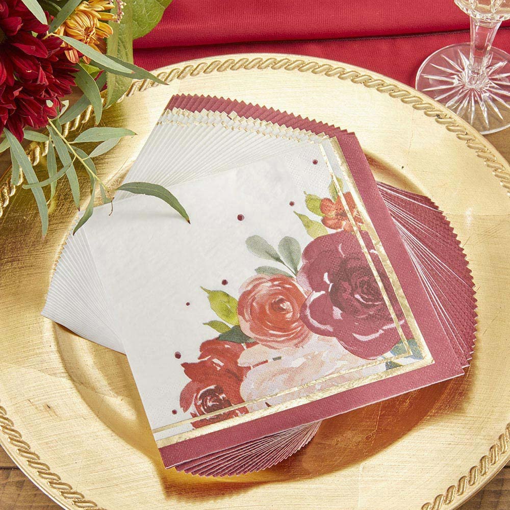 Kate Aspen 120-Count Burgundy Blush Floral Paper Napkins - 6.5 Inch 2-Ply Disposable Party Napkins for Weddings, Birthdays, Baby Showers & Anniversary Celebrations - Elegant Tableware for Dinner Parties, Bridal Showers & Special Events