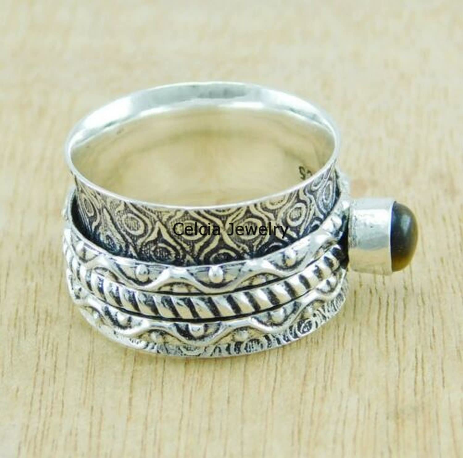 Tiger Eye Gemstone Spinner Ring - 925 Sterling Silver Unisex Handmade Jewelry for Meditation & Stress Relief - Fidget Spinner Ring for Anxiety, Focus & Relaxation - Unique Gift for Men & Women (Size 7) - Perfect for Office, Travel & Daily Wear