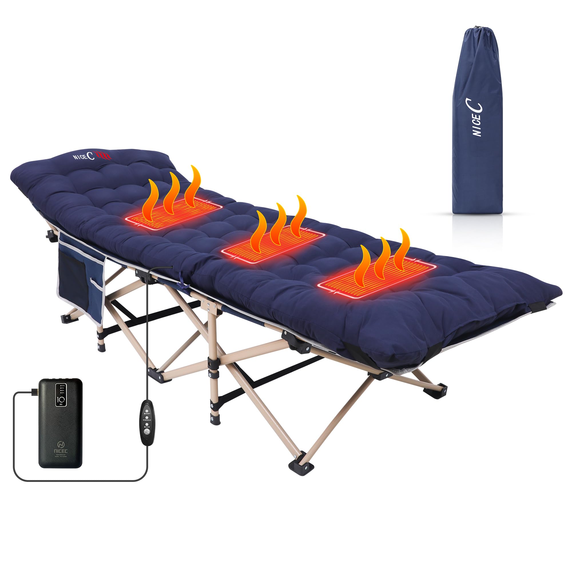 Premium Heated Camping Cot for Adults - Extra Wide Folding Cot with Mattress, Pillow & Storage Pocket - Supports 500 lbs - Navy Blue - Perfect for Outdoor Adventures, Hunting Trips & Emergency Preparedness