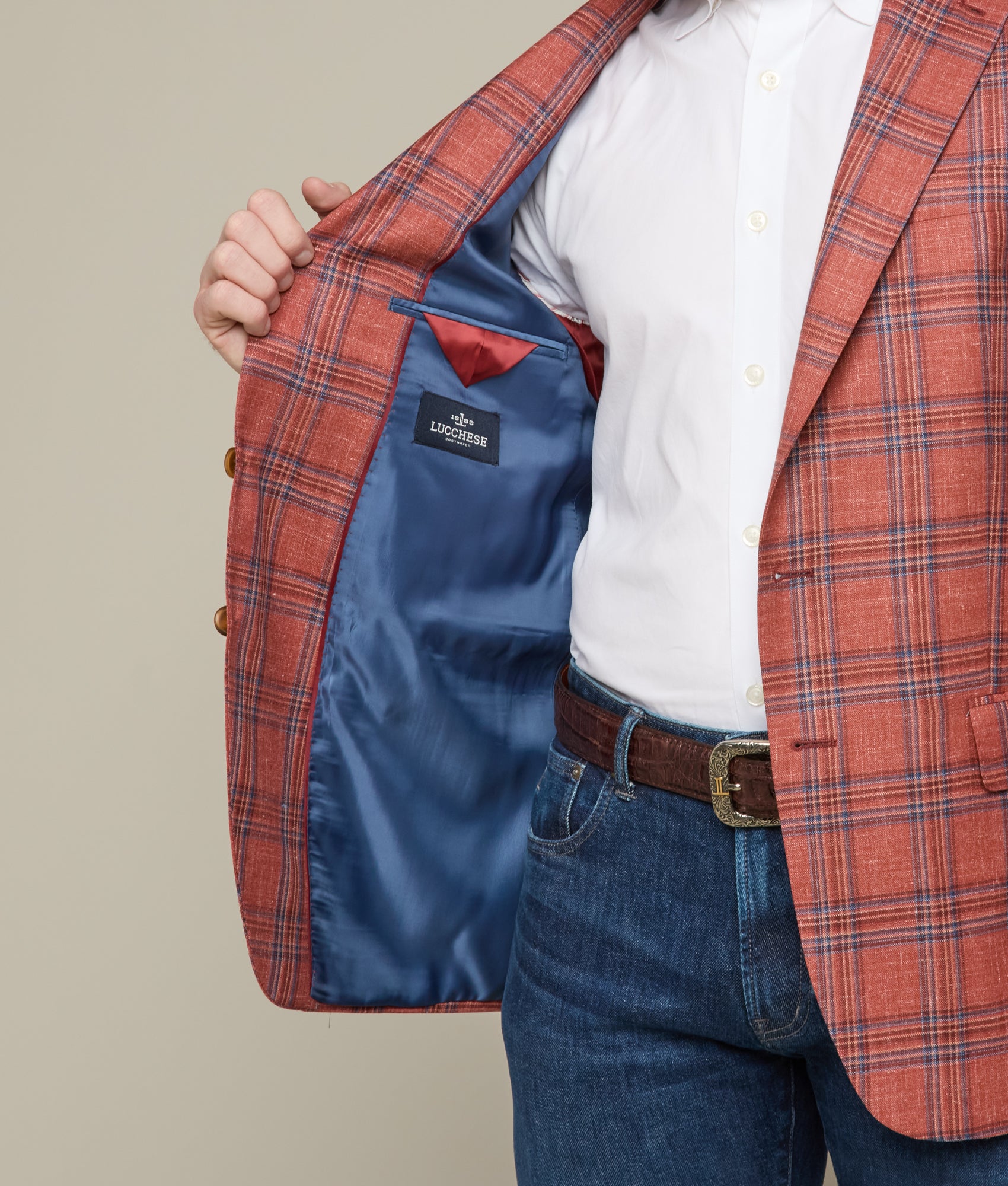 Lucchese Men's Rust & Blue Plaid Sport Coat - Premium Wool Blazer for Business, Office & Formal Occasions