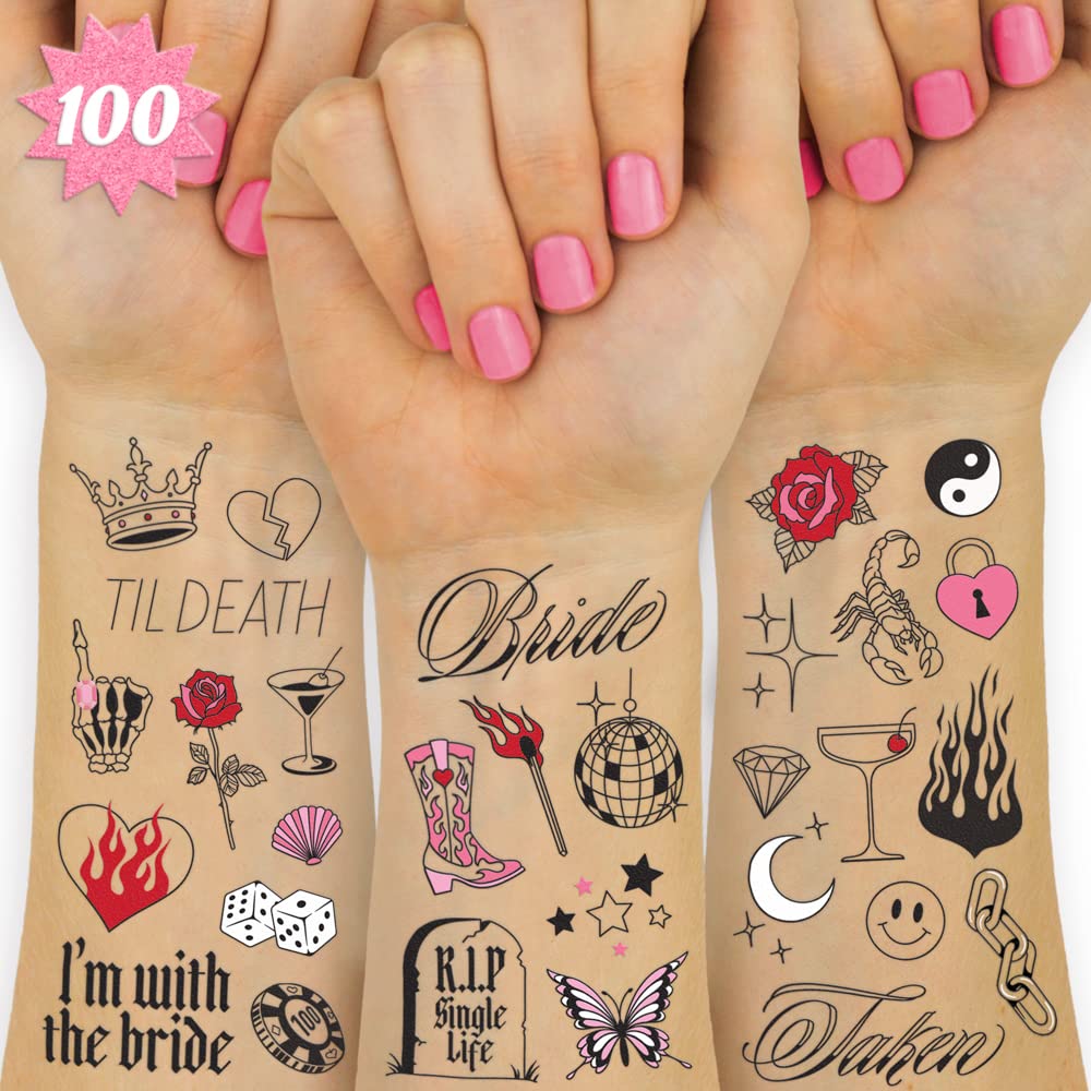 Fetti Realistic Bachelorette Temporary Tattoos - 100 Foil Styles for Bachelorette Party, Bridesmaid Gifts & Wedding Decorations | Fun Bridal Shower Supplies & Bride-to-Be Accessories for Wedding Celebrations