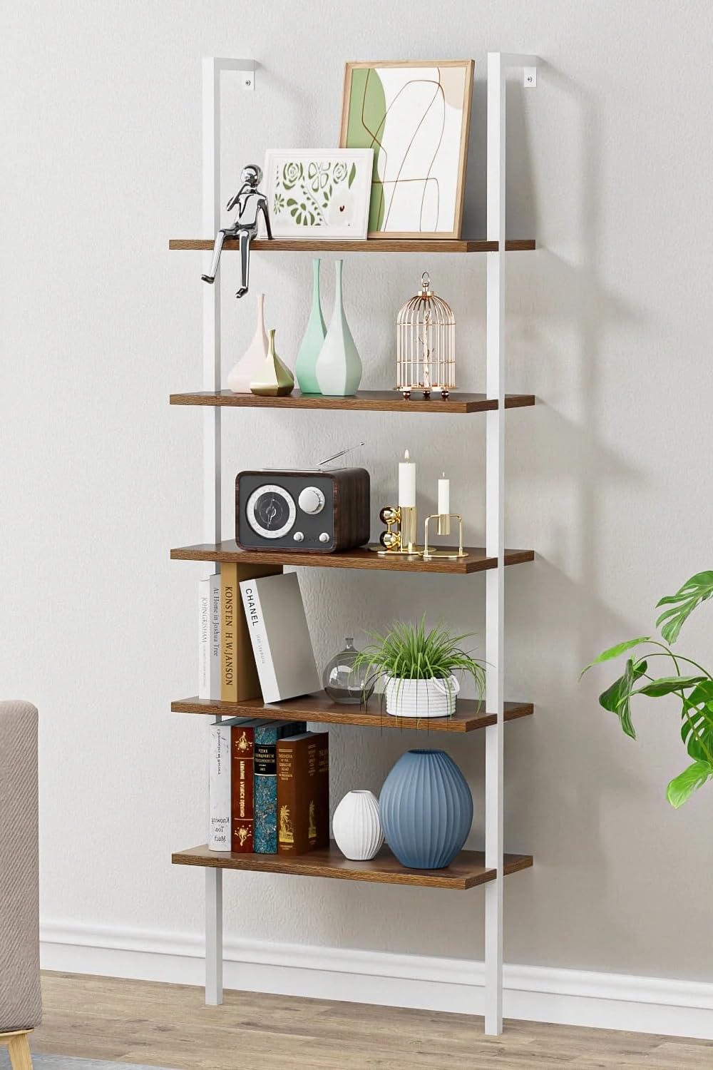5-Tier Metal Ladder Shelf - White Wooden Wall Mounted Bookshelf & Open Display Organizer for Living Room, Office, Hallway Storage | Perfect for Home Decor, Book Display & Space-Saving Storage Solutions