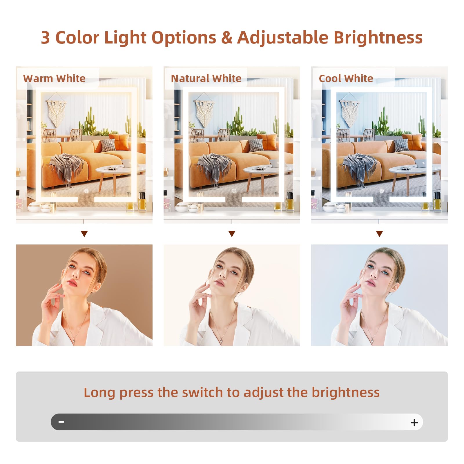 Lighted Makeup Vanity Desk with Power Outlet & Stool - 3 Color Lights, Adjustable Brightness, 6 Shelves & 2 Drawers - Perfect for Bedroom Dressing Area